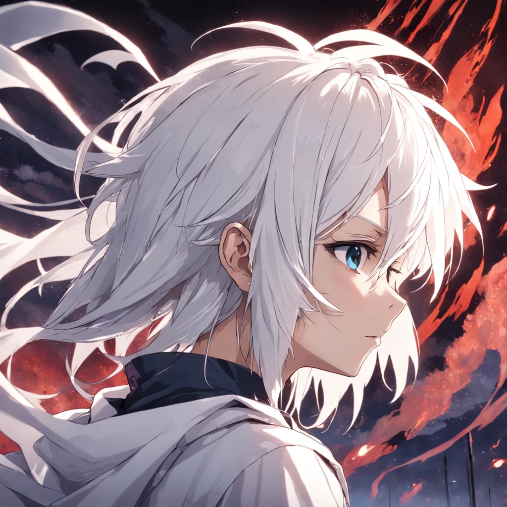 1boy,male,young man,Pale ager,Rose blanche,white shirt,bandagens,bloods,Low screen contrast,High brightness,White hair