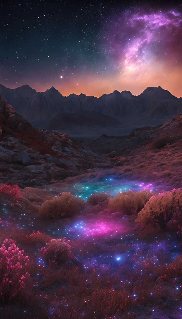Paisaje Estelar Danzante: Design a starry nightscape in which the stars appear to be dancing around the moon. Create a magical and ethereal atmosphere.