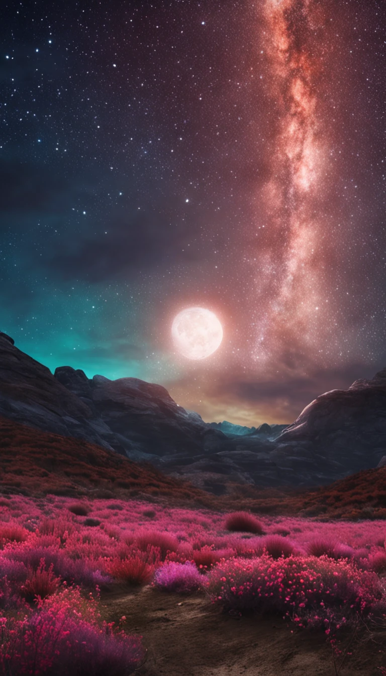 Paisaje Estelar Danzante: Design a starry nightscape in which the stars appear to be dancing around the moon. Create a magical and ethereal atmosphere.