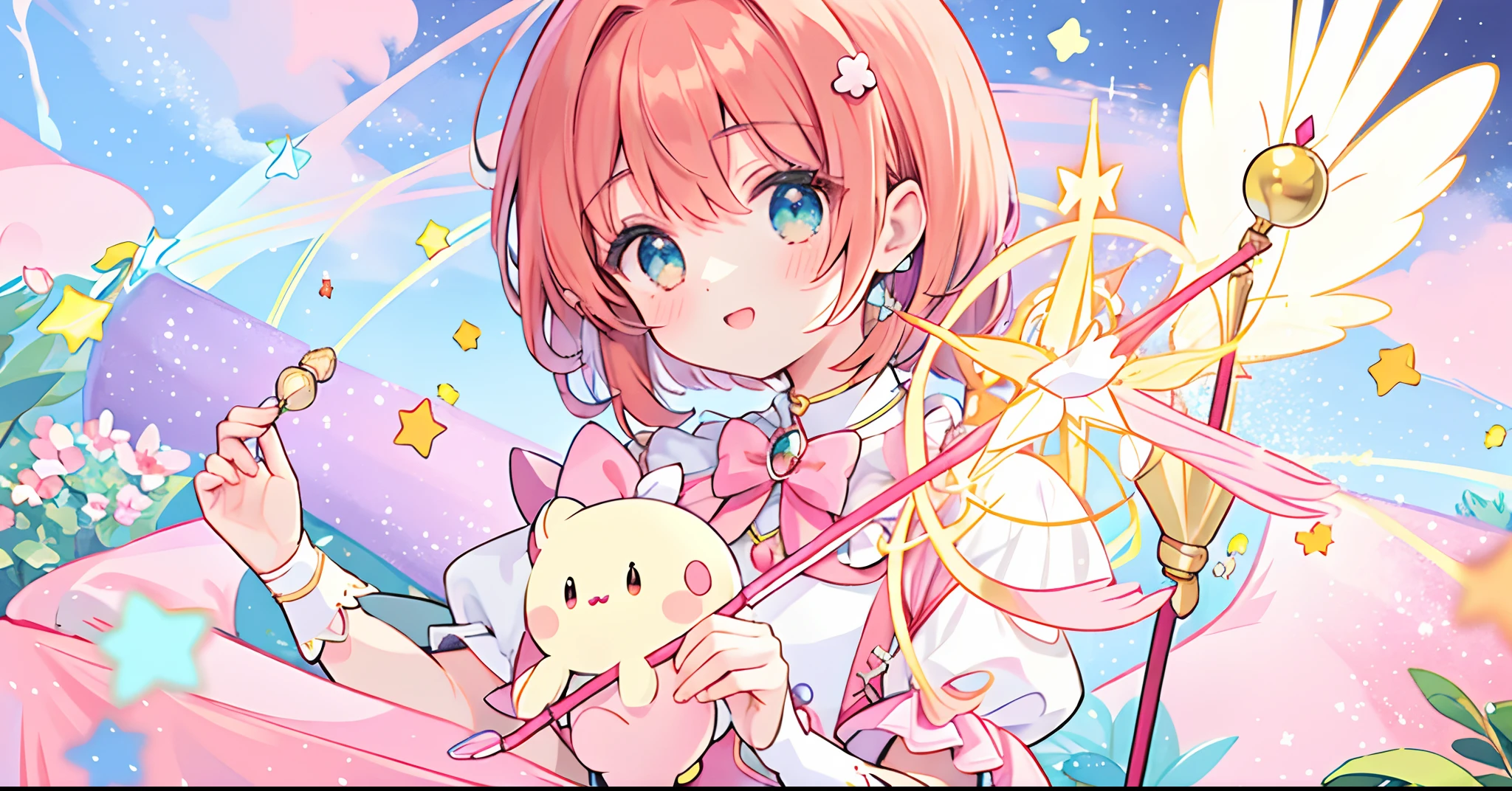 k hd,Anime girl with wand and star wand in her hand, portrait of magical girl, sparkling magical girl, magical little girl, cardcaptor sakura, pin on anime, clean and meticulous anime art, magical girl anime mahou shojo, beautiful anime art style, cute anime girl portraits, carrying a magical staff, zerochan art, lovely art style, astral fairy, Soft anime illustration