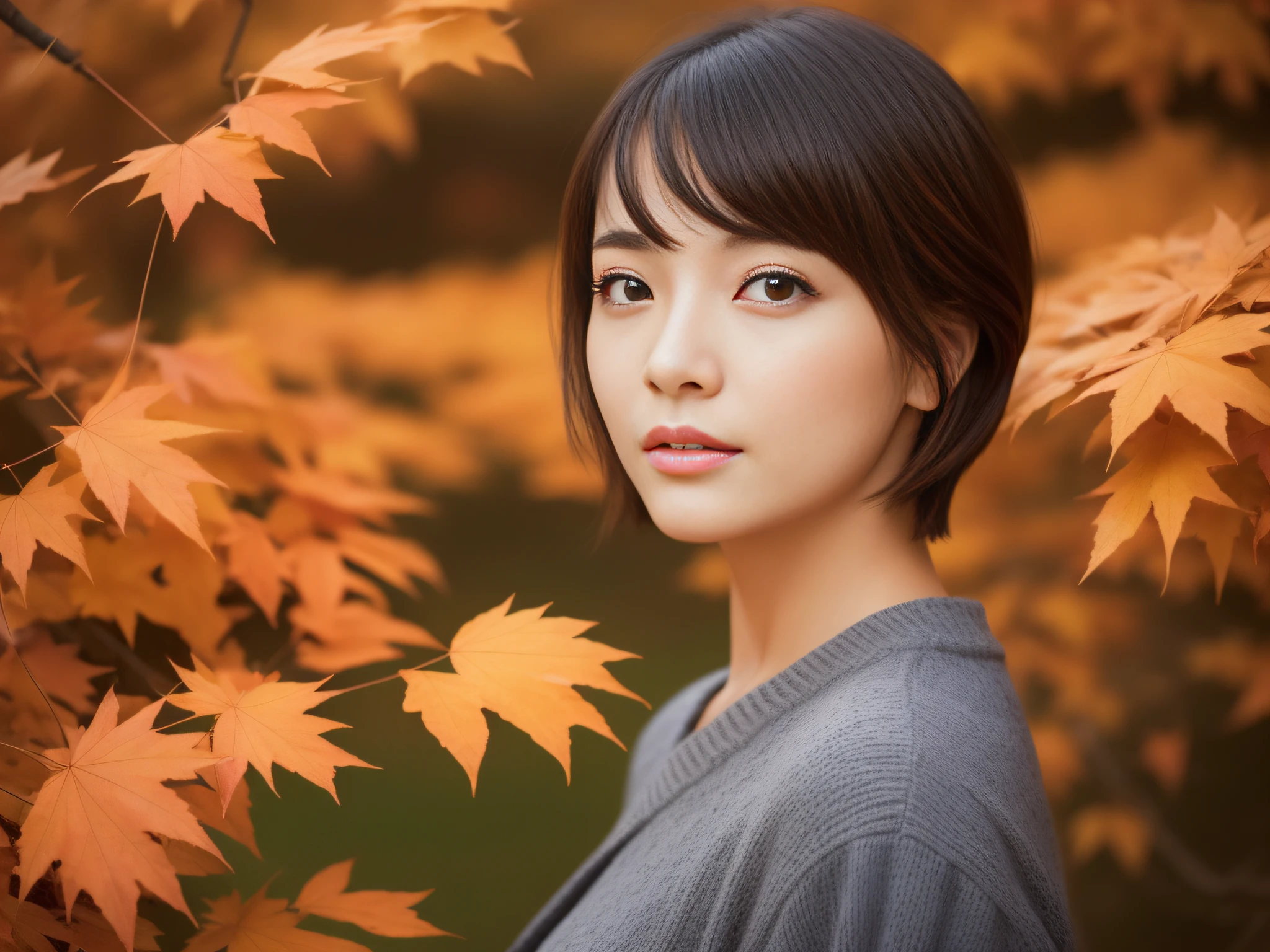 Woman Japan walking in autumn leaves、Short-cut hairstyles、Beautiful autumn leaves and river、Photorealsitic、Beautiful detailed eyes、Hyper-Realism、highcontrast、Ultra HD、realistic skin textures、Top image quality、top-quality、超A high resolution、Fine details、Very meticulously