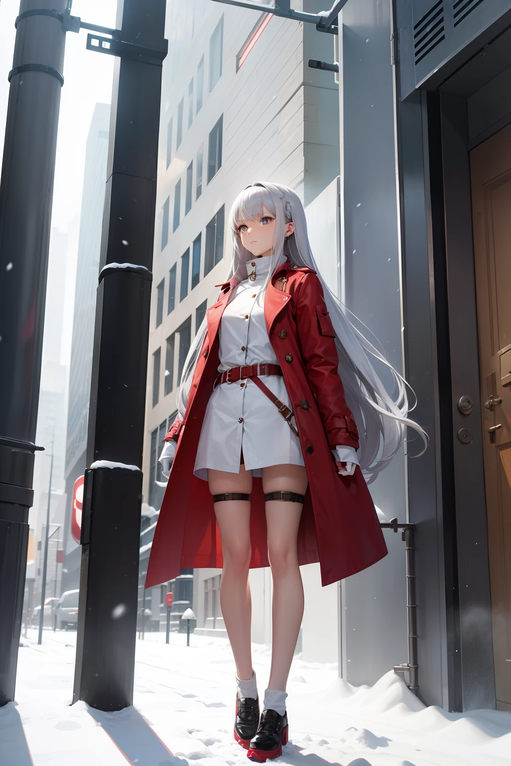 A silver hair,A girl about one meter and four meters tall,Only wearing a small red trench coat,No pants and stockings and shoes,The trench coat is underneath a white shirt,and a tall robot standing in the snow