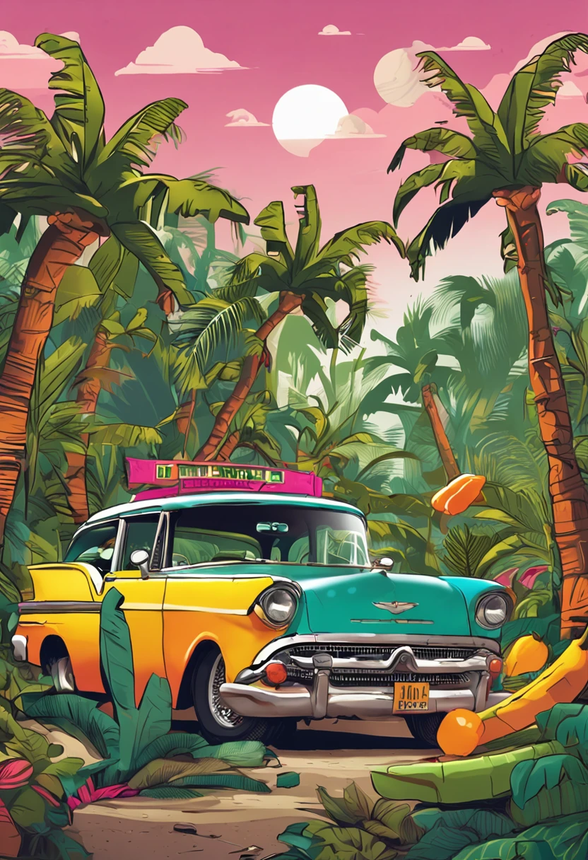 Create a scene where a can of banana soda is set in a lush tropical landscape. Use vivid colors and jungle details to convey the sense of adventure and tropical freshness.