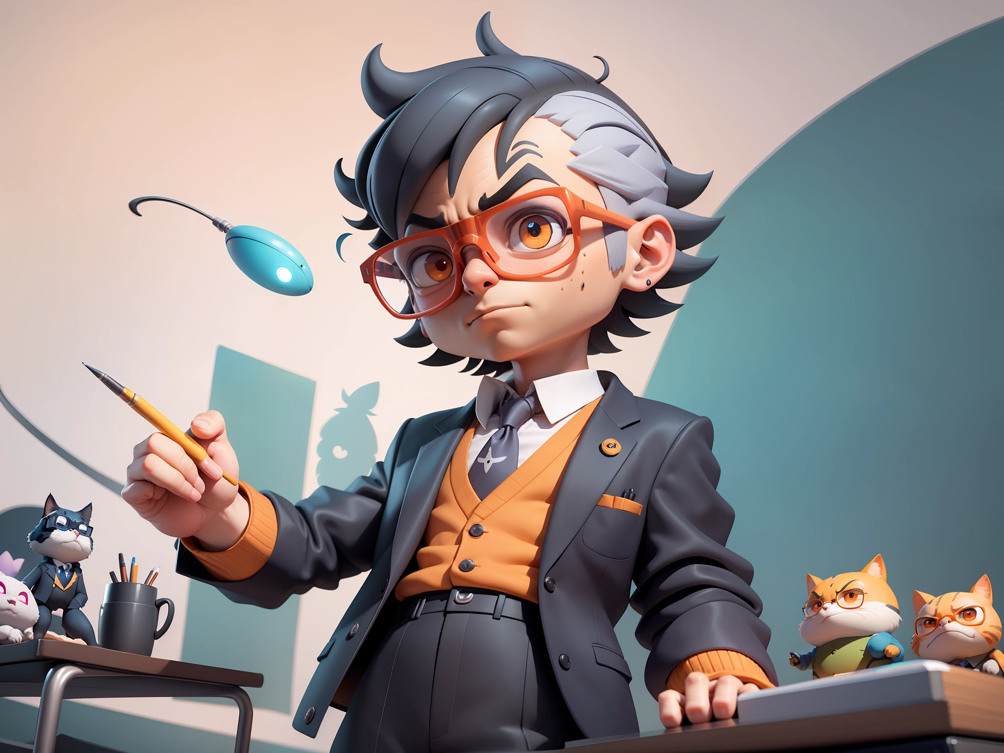 A young man in a suit, Short hair and glasses sat at his desk，holding laptop，digitial painting，tigre，3D character design by Mark Clairen and Pixar and Hayao Miyazaki and Akira Toriyama，4K HD illustration，Very detailed facial features and cartoon-style visuals。