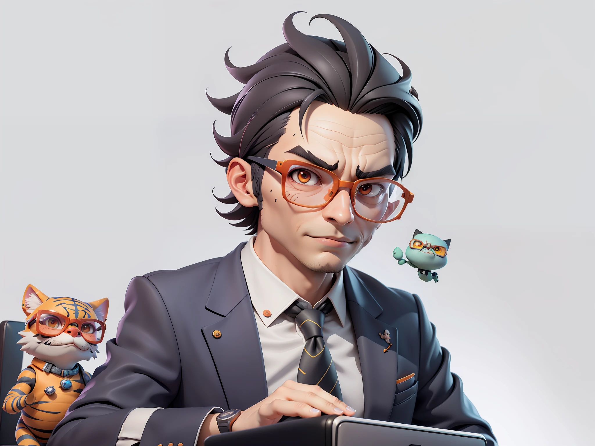 A young man in a suit, Short hair and glasses sat at his desk，holding laptop，digitial painting，tigre，3D character design by Mark Clairen and Pixar and Hayao Miyazaki and Akira Toriyama，4K HD illustration，Very detailed facial features and cartoon-style visuals。