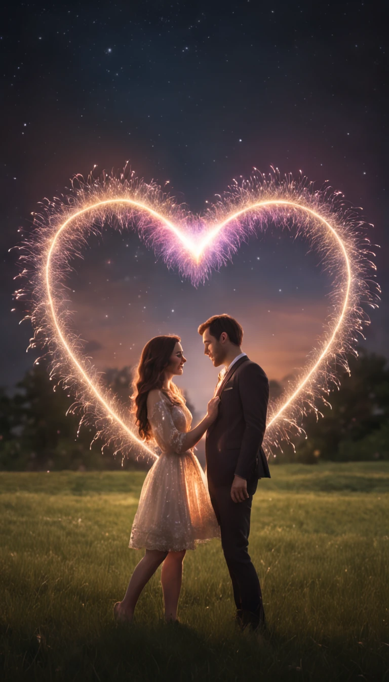 the night,Colorful,Fireworks all over the sky,Heart-shaped bubbles,couples,Cartoony,hugging eachother,Glowing fireflies around,illustration,Glow effects,Dingdall effect,depth of fields,high light,Real light,Ray traching,oc rendered,Hyper-realistic,best qualtiy,8K,Works of masters,super-fine,Detailed pubic hair,Correct anatomy,sharp focus on eyes,Bokeh,Facial features are carefully depicted