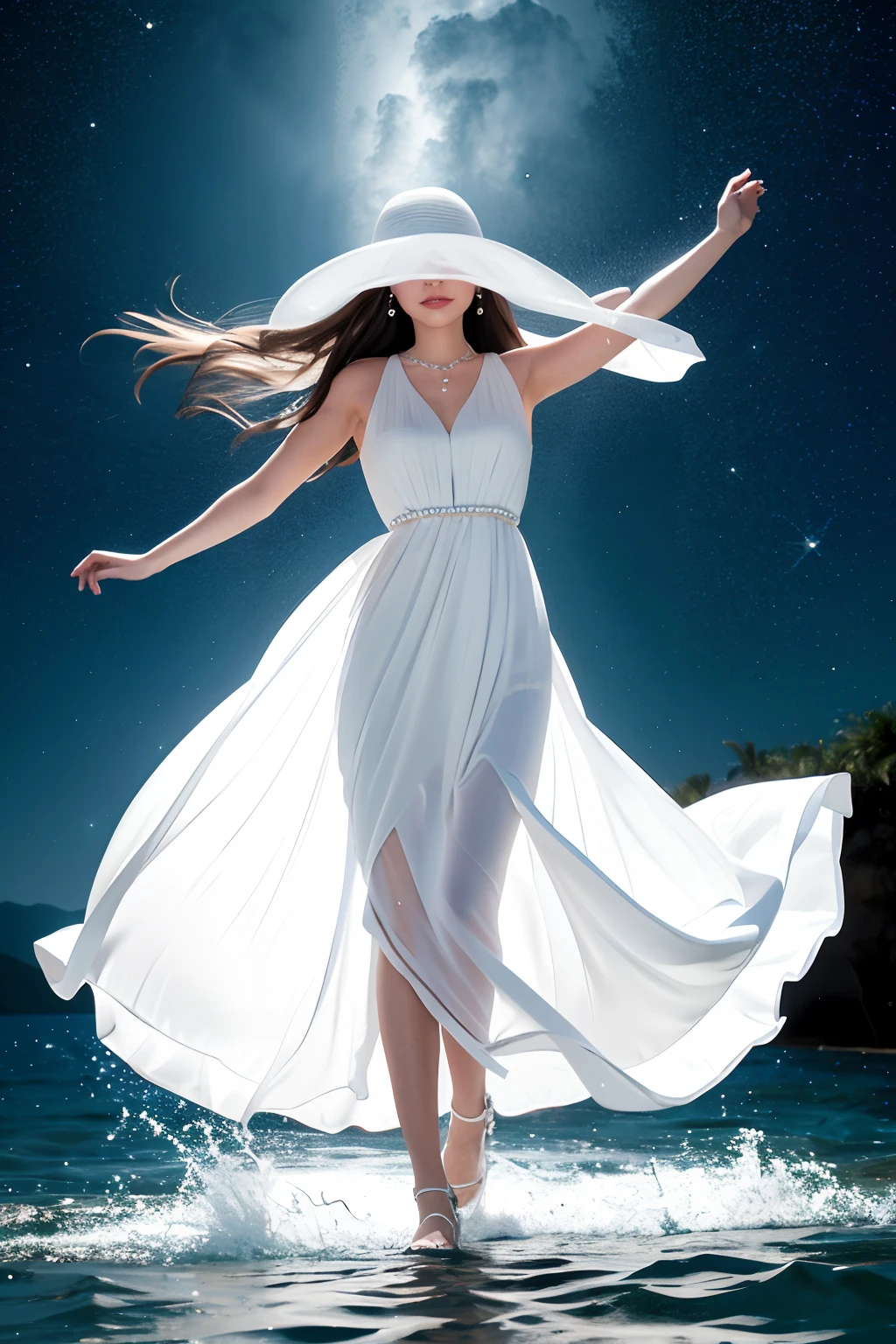 Woman in white dress standing in sea water with flowing dress, pale skinned, de colar de diamante, Pearls in water, a noite, starly sky, sky with galaxy, ....lua, Como uma deusa, walking on water, mulher iluminada, blue water, wearing a white flowing dress, white flowing dress, she is floating in the air, flowing white robes, tiptoeing, Flowing dress, lindo vestido branco longo longo, Wearing a flowing dress, flutuando no ar, vestido branco longo, Pose flutuante elegante, cabelo flutuando ao vento, Girl in white dress dancing, mistic, Magic, realista, chocante, Escuro, Dramatic