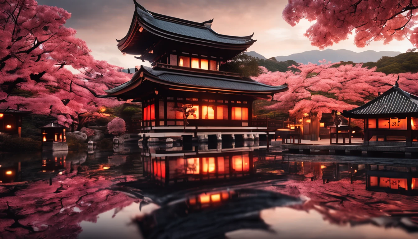 Gorgeous scenery Japanese meditation temple at night lit by candles and blurred background (obra-prima) (8k high resolution) (melhor qualidade) (Ultra Definition) (Ultra realista)(Foto RAW) (Foto realista) (bright illumination)