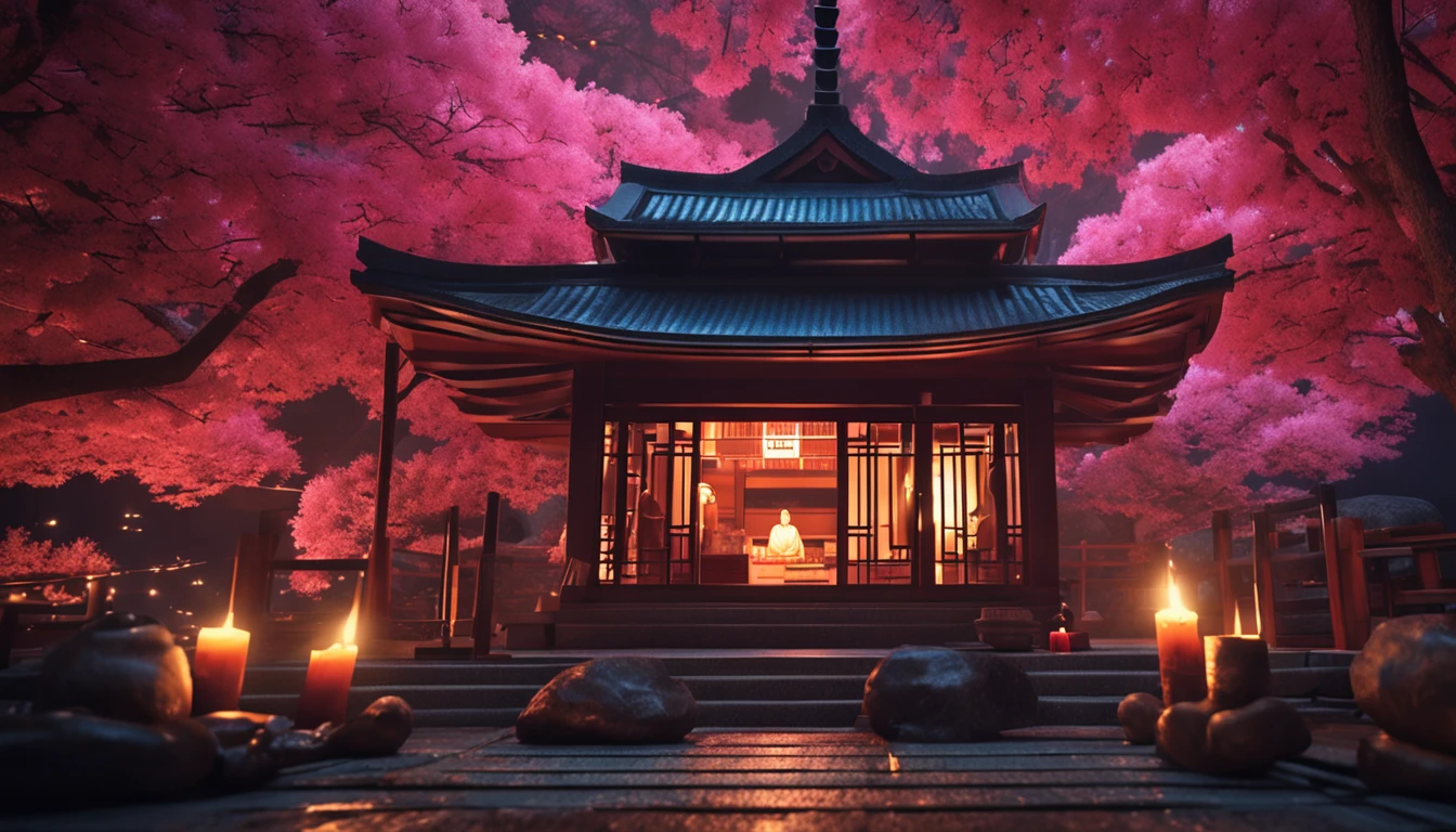 Gorgeous scenery Japanese meditation temple at night lit by candles and blurred background (obra-prima) (8k high resolution) (melhor qualidade) (Ultra Definition) (Ultra realista)(Foto RAW) (Foto realista) (bright illumination)