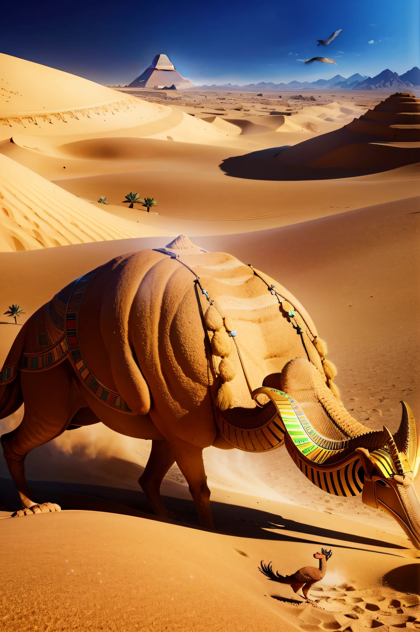 desert, sandstorm, camel, oasis in the desert, Egyptian sphinx, super resolution, surreal, detail, (mysterious:1.3), ultra-realistic mix fantasy, (giant eastern phoenix:1.2)
