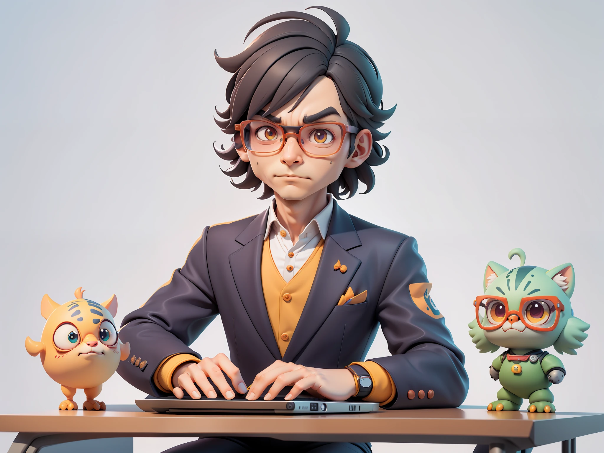 A young man in a suit, Short hair and glasses sat at his desk,holding laptop,digitial painting,tigre,3D character design by Mark Clairen and Pixar and Hayao Miyazaki and Akira Toriyama,4K HD illustration,Very detailed facial features and cartoon-style visuals。
