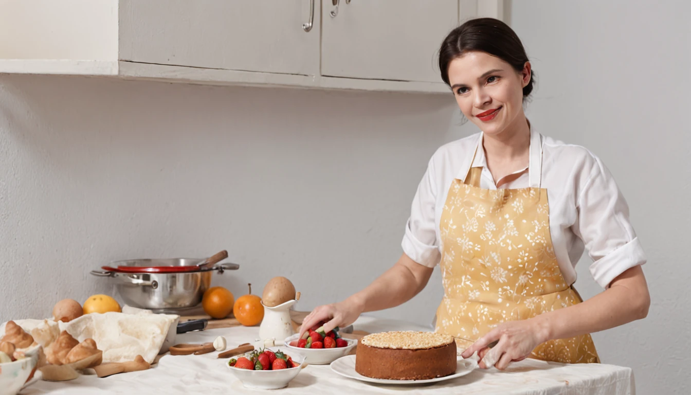 uma cozinha aconchegante e iluminada por uma suave luz dourada, evocando o sentimento de nostalgia. no centro da imagem, A skilled and caring mother wears a floral print apron, while focusing on the preparation of a homemade cake, com sorriso caloroso, mexendo um suave, smooth dough in a ceramic bowl, onde se destaca uma pitada de amido de milho, A box is placed prominently next to the bowl, pequenas tigelas coloridas, incluindo frutas frescas, vanilla and sugar, ::style vintage, ano 1950, ::n_style deformed hands, rosto deformado, objetos deformados