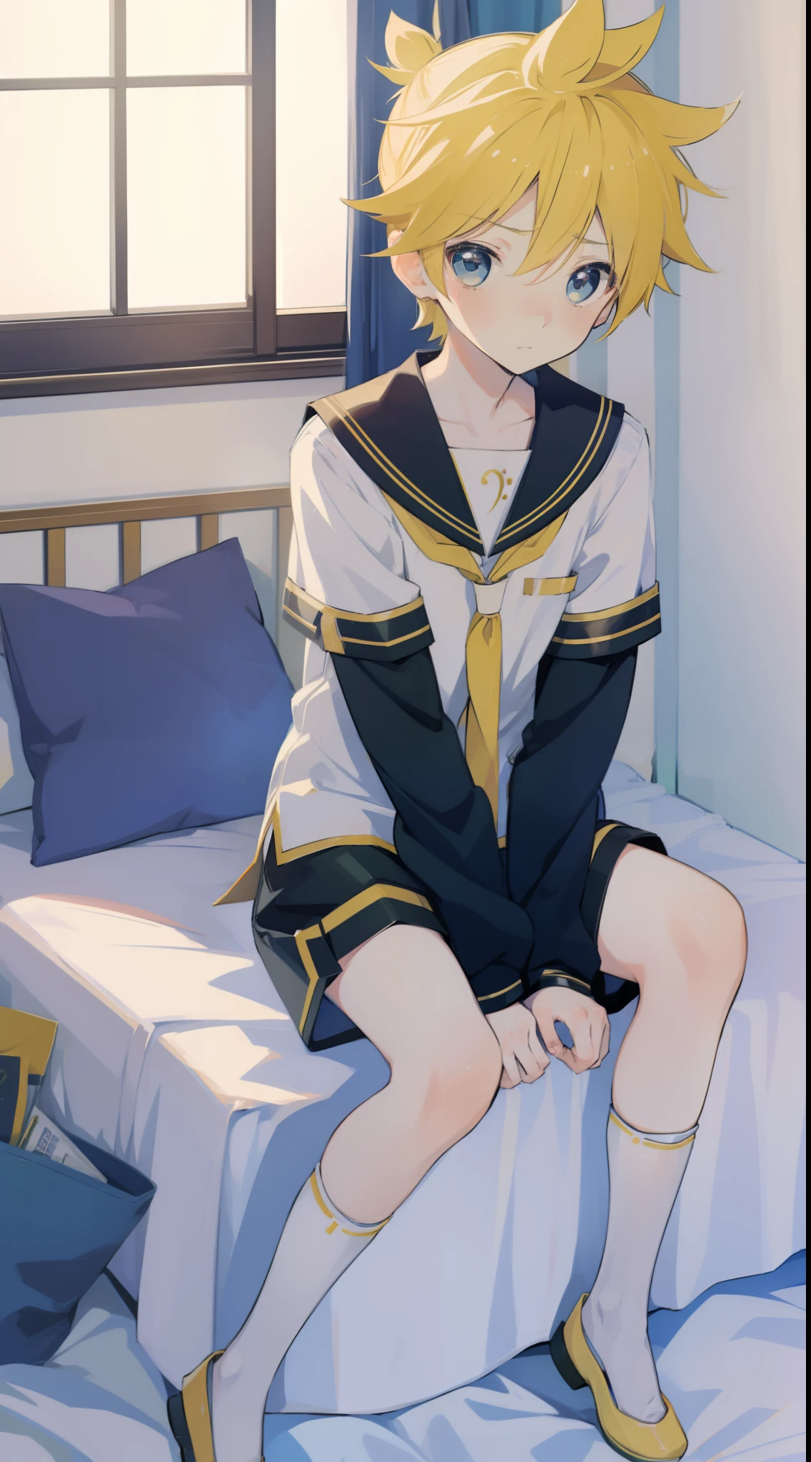 one boy, Len_Kagamine, sailor uniform, short pants, cowboy shot, outside, sitting on bed, embarrassed, shy