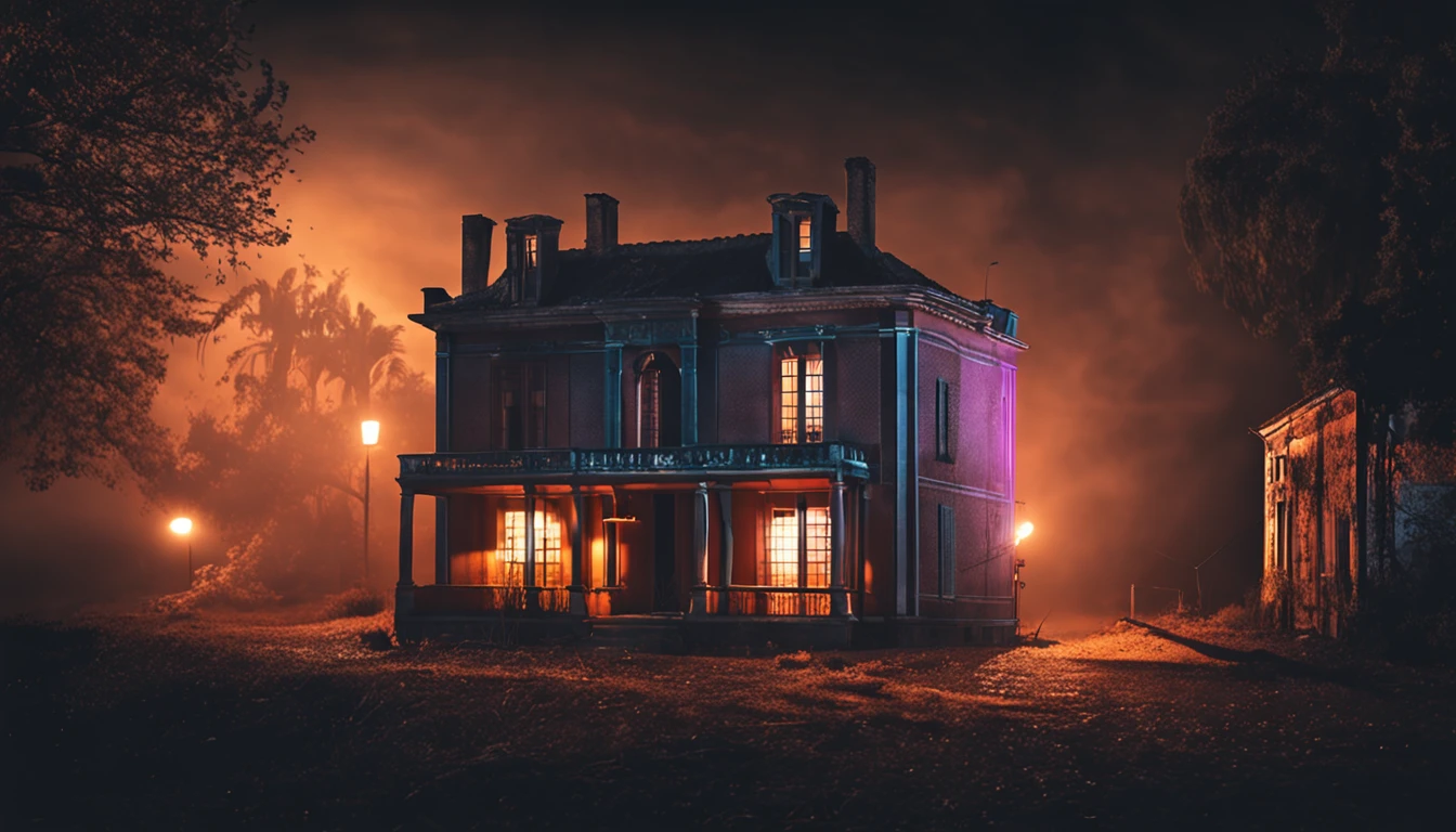Old house seen from the street at night, atmosfera misteriosa, soft-lighting, sombras profundas.