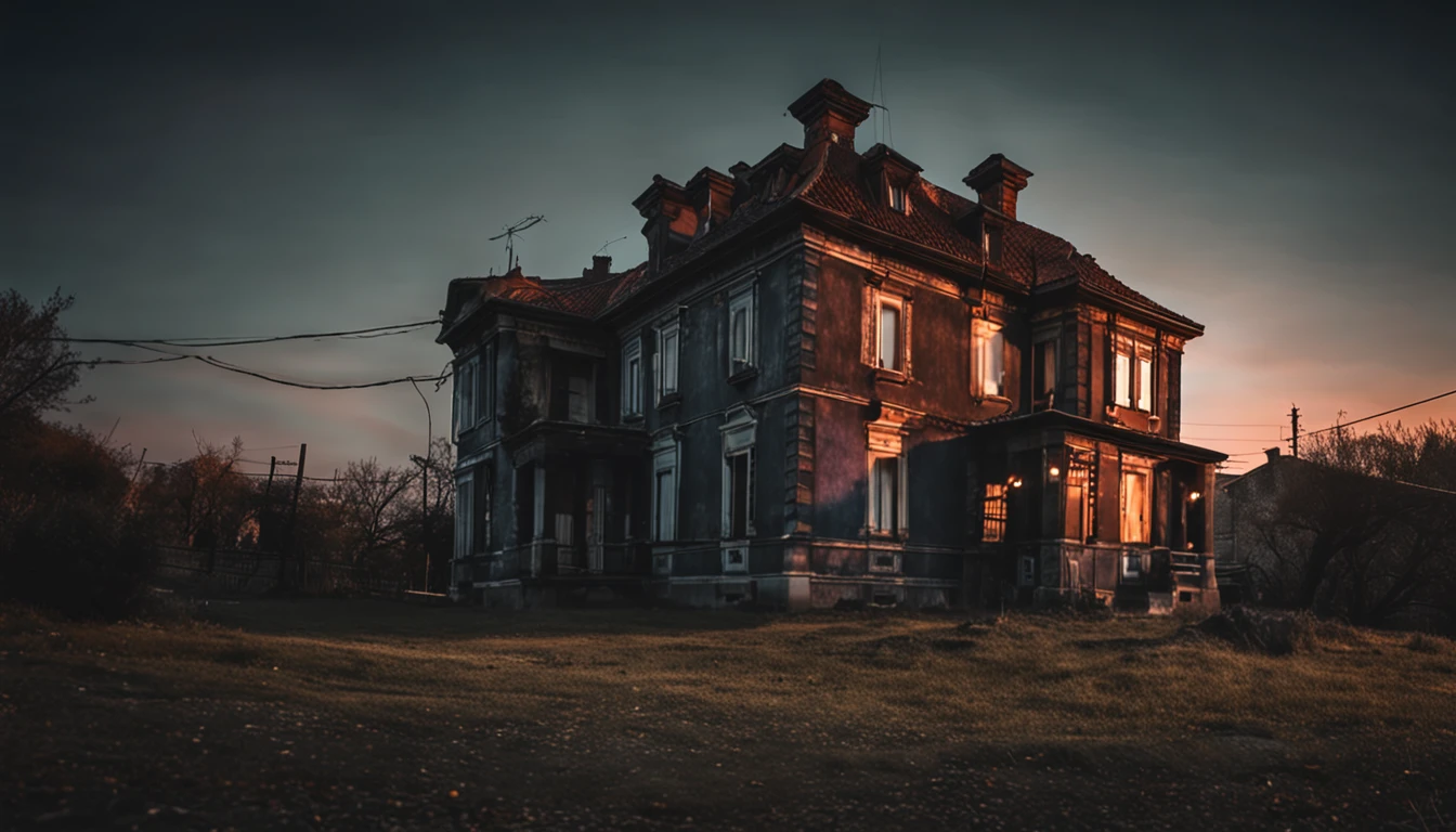 Old house seen from the street at night, atmosfera misteriosa, soft-lighting, sombras profundas.