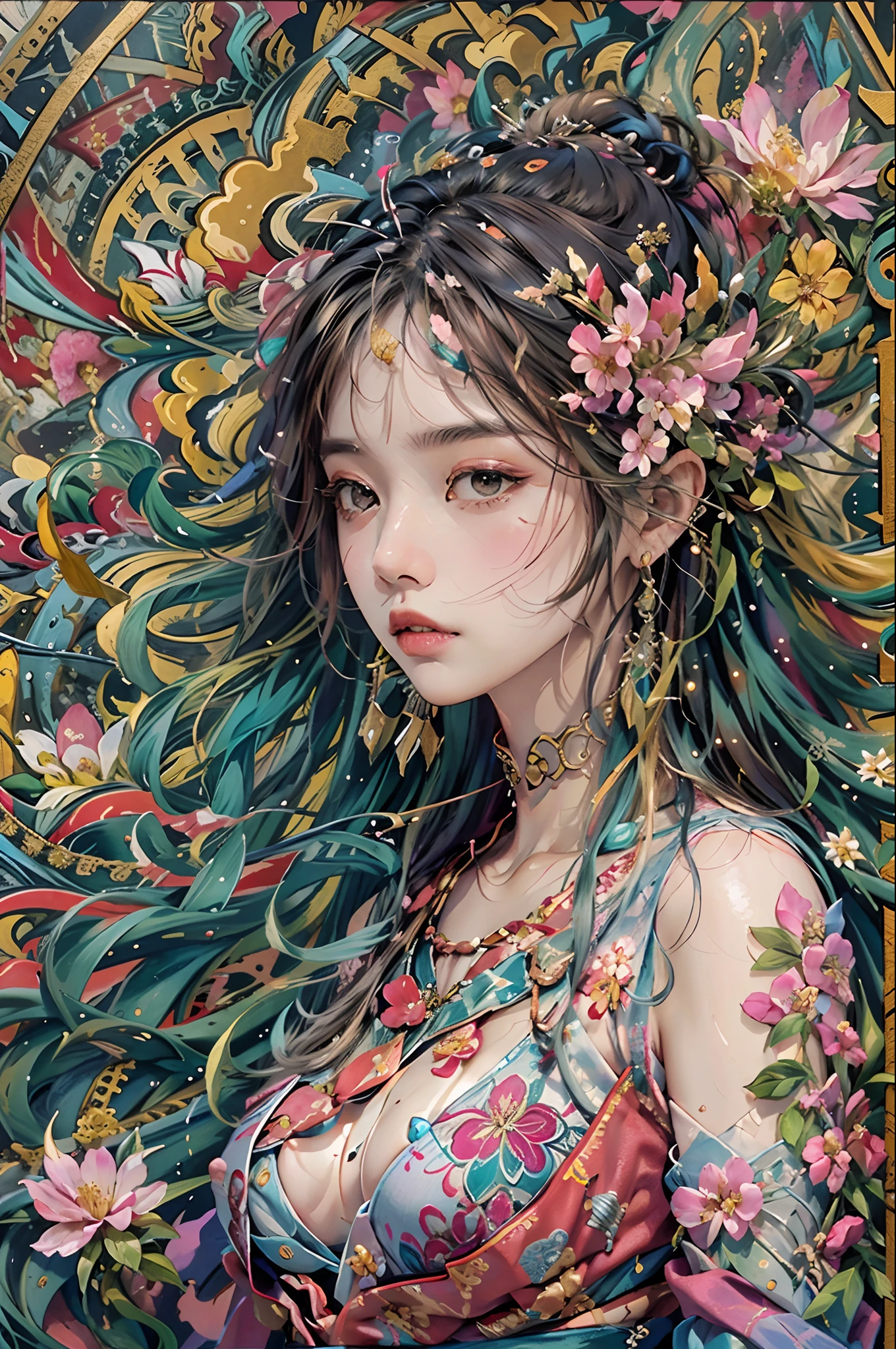 (Hyper-realistic) , (illustratio), (Increase the resolution), (8K), (RAW photos,best qualtiy),(realisticlying,photograph realistic:1.3),best qualtiy,highly detailed,tmasterpiece,Hyper-detailing,( the wallpaper), (详细的脸), 独奏,1girll,Extremely colorful,Most detailed,(zentangle:1.2),(dynamicposes) , (abstract backgrounds:1.5), (traditionalcostumes:1.2), (shiny skins), (many color:1.4), The upper part of the body),Highest detail,(zentangle:1.2), (dynamicposes), (abstract backgrounds:1.3), (shiny skins), (Lots of flowers:1.4), ,(耳Nipple Ring:1.4), (feater:1.4)。