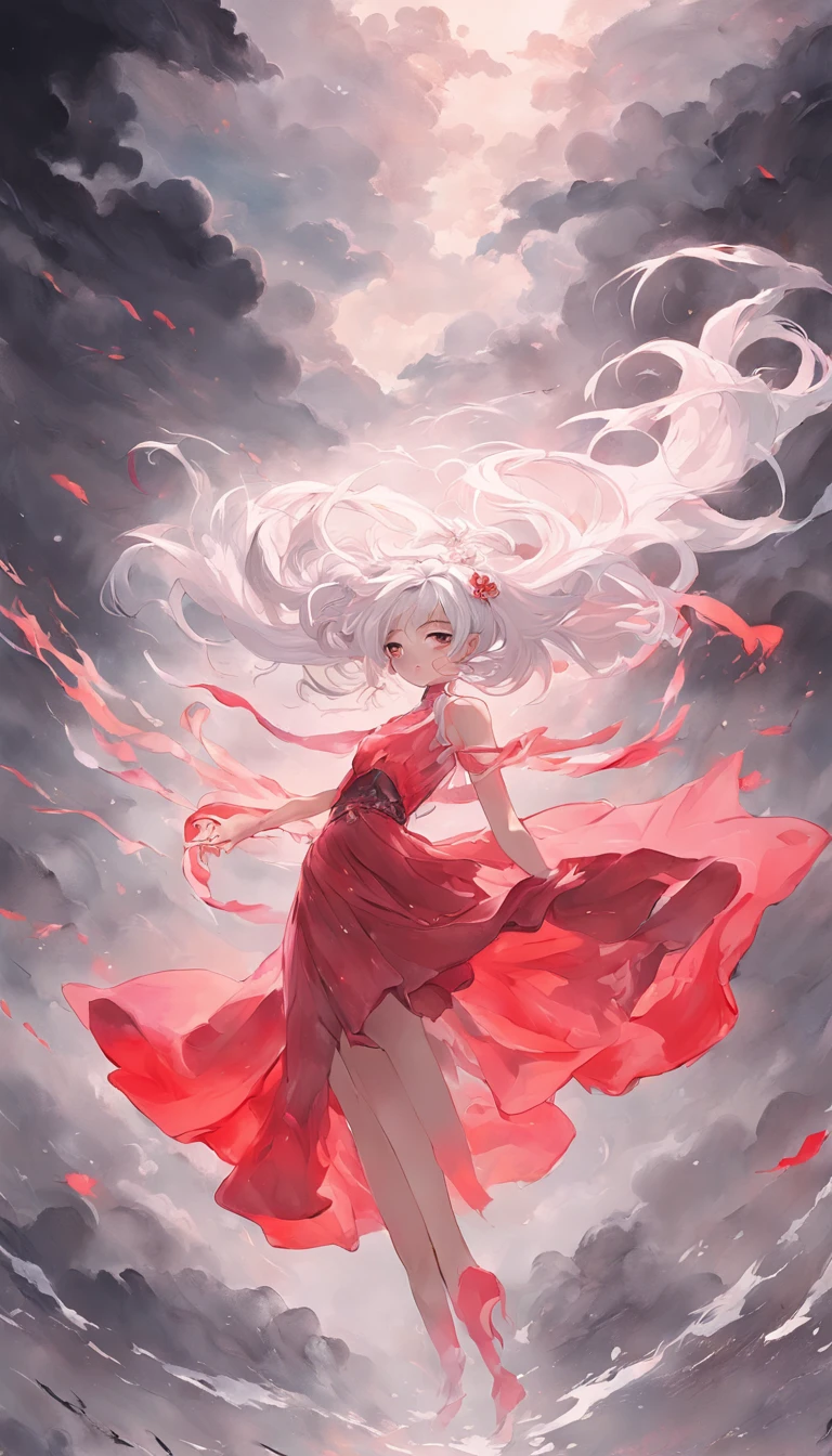 An inky white painting，The painting depicts a girl in an old red dress，silvery white hair，ink black eyes，Dancing poses，There is a huge pink goldfish in the clouds, Made of fog, Dark white and pink, In the style of Li Shuxing, shilin huang, Talented people, Ethereal form, gigantic scale, Elegant and balanced, Doubleexposure, Cloud effects：1.5，elevation，Faraway view，super detailing，best qualtiy，tmasterpiece，8K，Extremely detailed，Epic artwork，Fine face