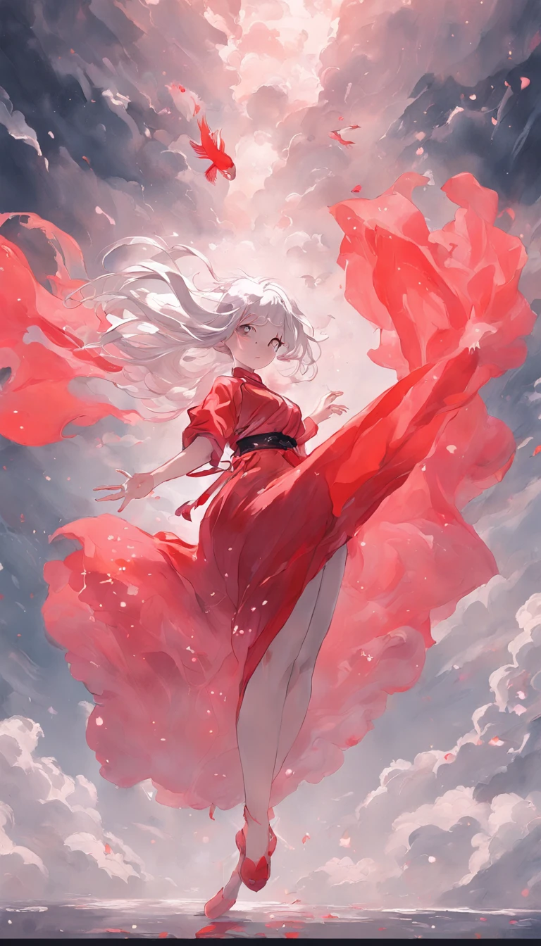 An inky white painting，The painting depicts a girl in an old red dress，silvery white hair，ink black eyes，Dancing poses，There is a huge pink goldfish in the clouds, Made of fog, Dark white and pink, In the style of Li Shuxing, shilin huang, Talented people, Ethereal form, gigantic scale, Elegant and balanced, Doubleexposure, Cloud effects：1.5，elevation，Faraway view，super detailing，best qualtiy，tmasterpiece，8K，Extremely detailed，Epic artwork，Fine face