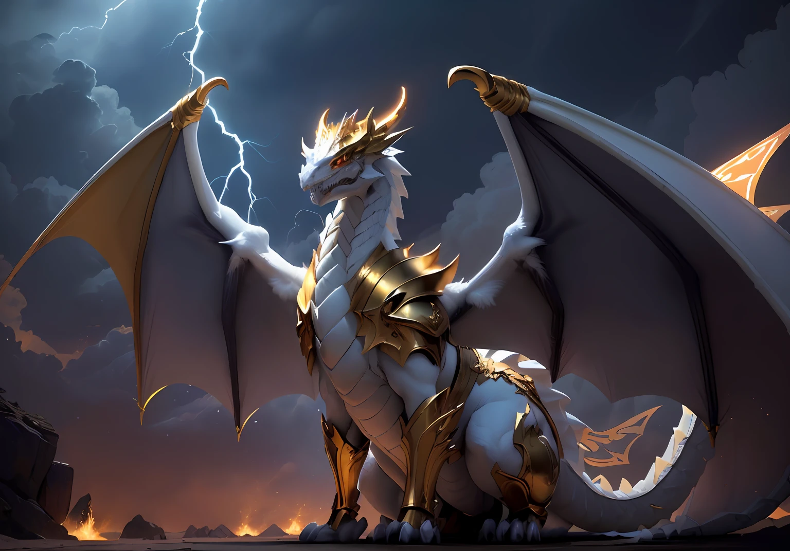 1White dragon add lightning in mouth add golden armor add large wings, dourado. boca fechada, dentes afiados, Two paws on the ground, adcionar asa esquerda, not looking like people's bodies, Golden helmet on head, dragon's head, blue lightnings, relampagos azuis.