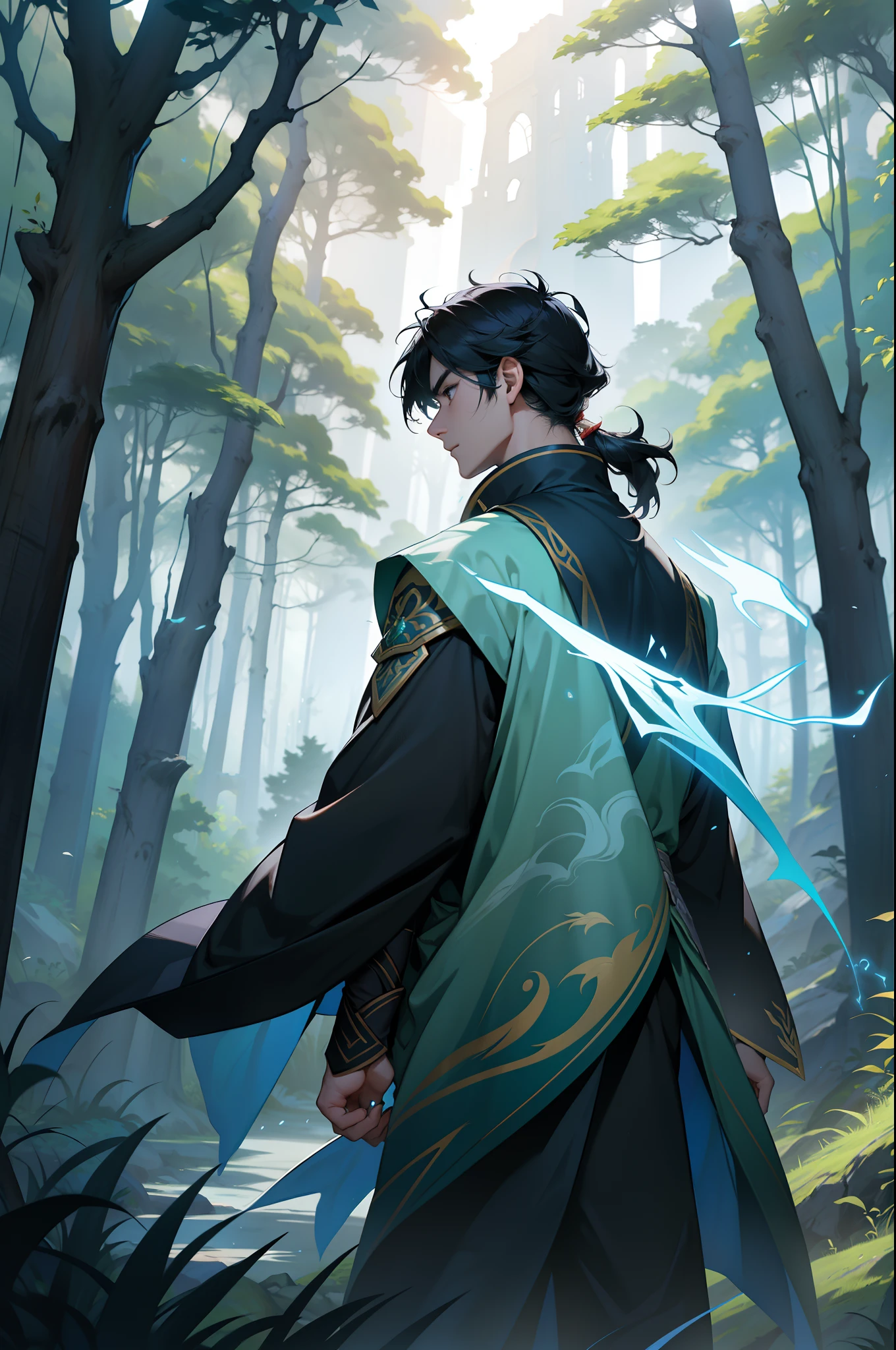 Scenes:A mysterious and quiet forest,Sunlight shines through the leaves on the grass。 The protagonist:Zhang Ren,clad in robes,Raise Excalibur,Cast spells,Middle-aged ancient war generals。 environment change:Sunlight passes through gaps in the leaves to form beams,The wind swirled around Zhang Ren。 Spell effects:Zhang Ren's spell triggered lightning and thunder。 End the scenario:After the spell is cast,Zhang Ren nodded in satisfaction,Gently place Excalibur back into its scabbard,turning away。The forest has returned to its former tranquility。