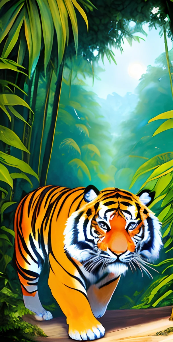 (Jungle Adventure, The pride of the tiger elixir:1.2), tiger Raja in bright colors, Tiger drawing, Orus, dynamic, Sun light, Lush greenery, Exotic plants, Mysterious shadows.