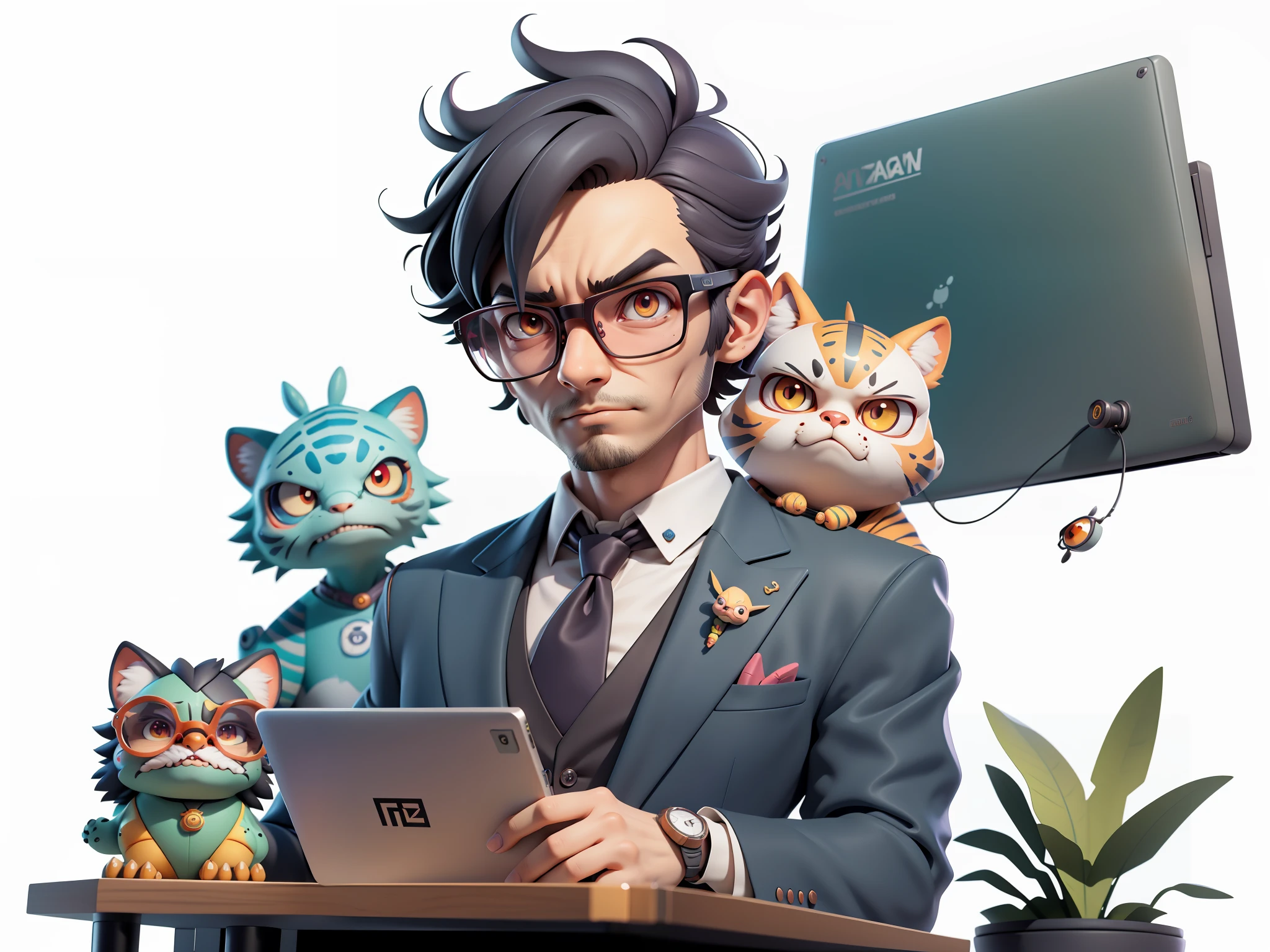 A young man in a suit, Short hair and glasses sat at his desk，holding laptop，digitial painting，tigre，3D character design by Mark Clairen and Pixar and Hayao Miyazaki and Akira Toriyama，4K HD illustration，Very detailed facial features and cartoon-style visuals。