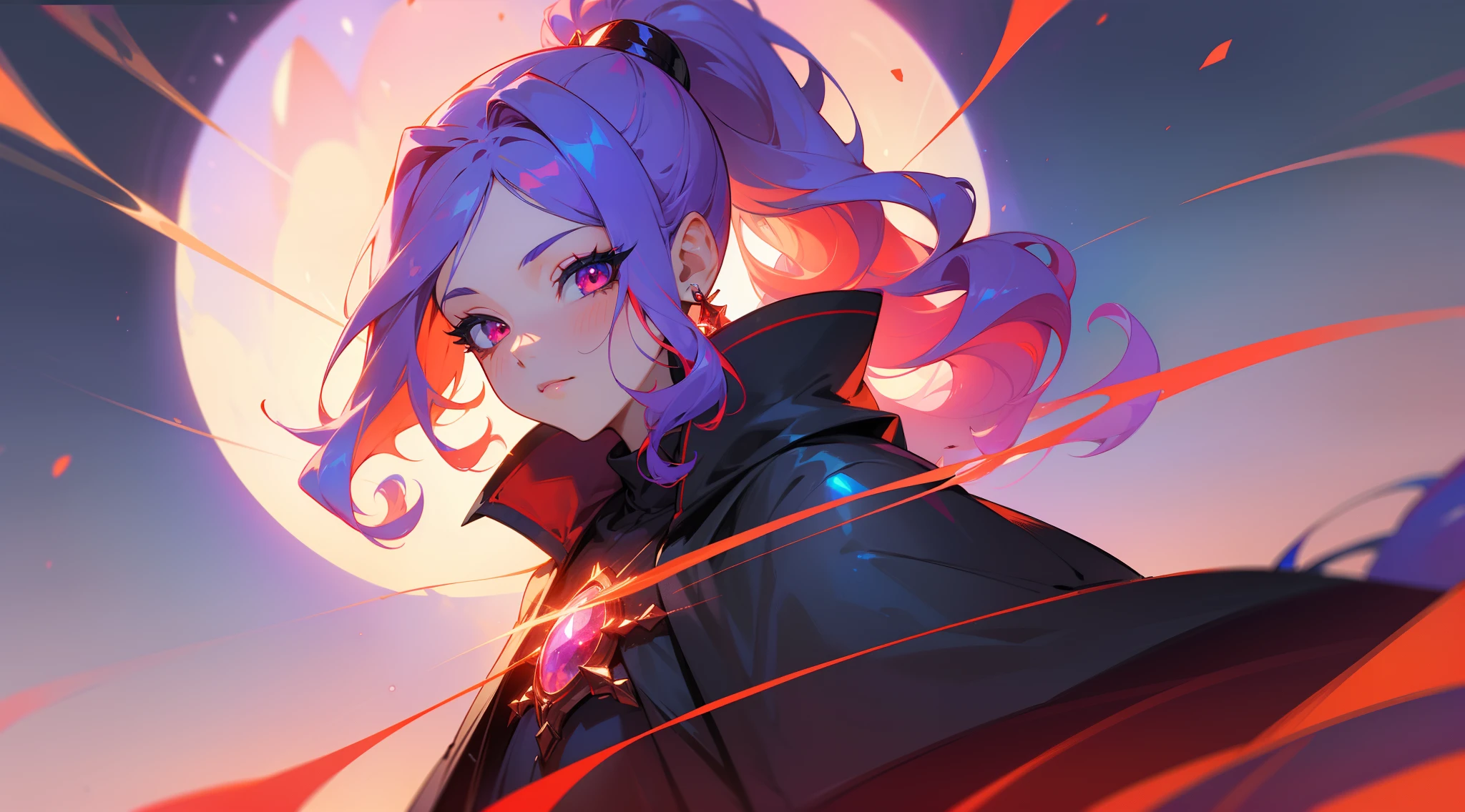 ((tmasterpiece)), (((beste-Qualit))), ((ultradetailed)), ((illustartion)), [The light effect of realism], eye shadow, (fantasy style), (whitebackground), Simple background, illustartion, 1 girl, conjures, Magic, sly look, Majestic view (multi-colored hair, Hair gradient, Hair color from blue to peach, without bangs, curly curl on the cheek, hairstyle: high ponytail, long tail), The eyes are crimson-red, Warm light, wide eyes, Lashes, side glance, Crystal hair, glass hair, Tanzanite, Glowing Hair, Fantasy clothing, Necromancer's Clothes, Necromancer Wizard, necromancy, black and red clothing, Bone jewelry on clothes, galaxy, Additional lighting