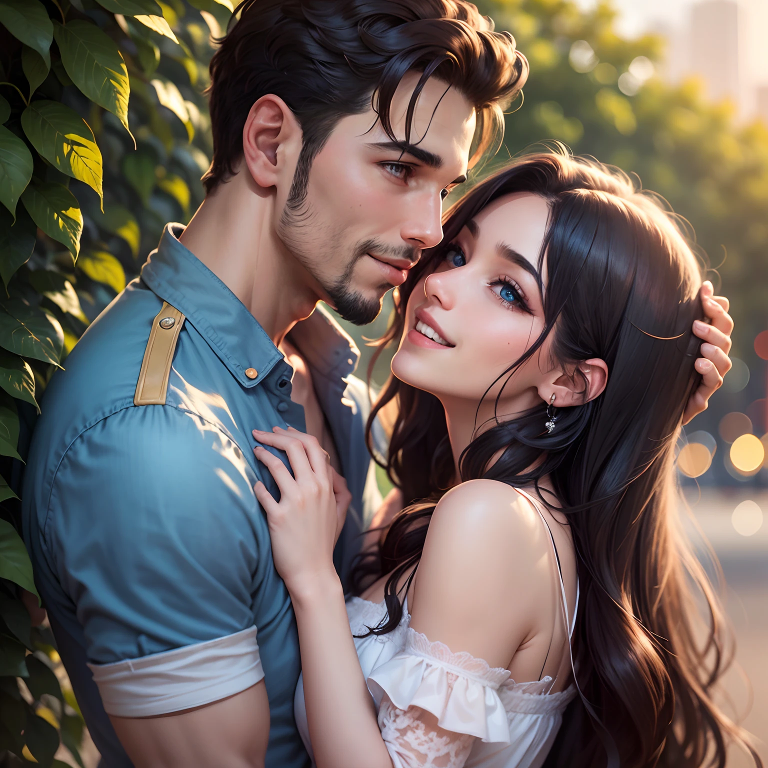 obra-prima, romantico, melhor qualidade, 2others, casal, maduro, adulto, height difference, moda diferente, cor diferente, roupas casuais, mangas longas, sorriso, feliz, amor, vento rodopiante, blue skies, homem de cabelo comprido, homem de cabelo loiro, o claro, mulher de cabelo preto, mulher de cabelo comprido, beijando. Por do sol,