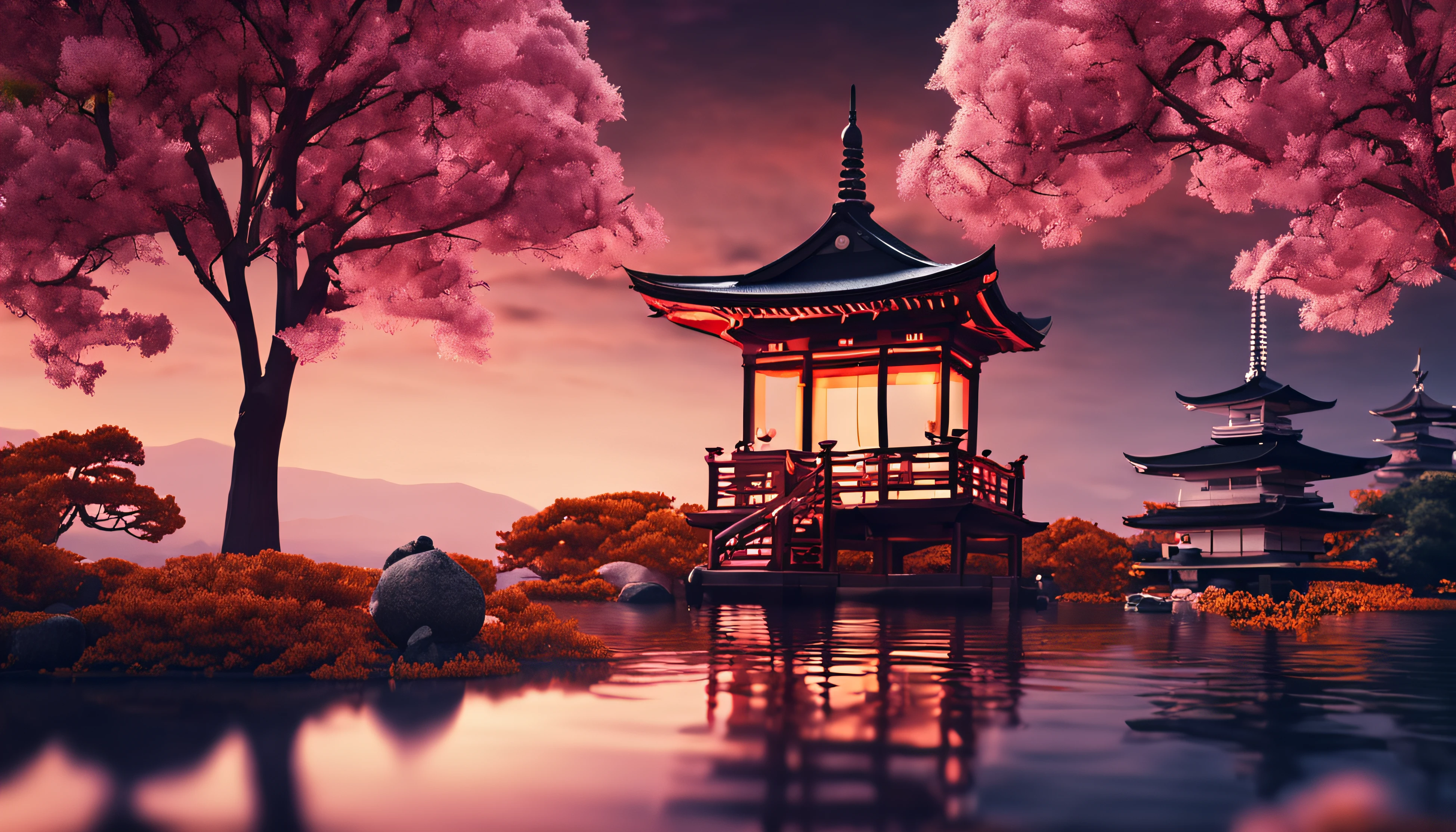 Gorgeous scenery Japanese meditation temple at night lit by candles and blurred background (obra-prima) (8k high resolution) (melhor qualidade) (Ultra Definition) (Ultra realista)(Foto RAW) (Foto realista) (bright illumination)