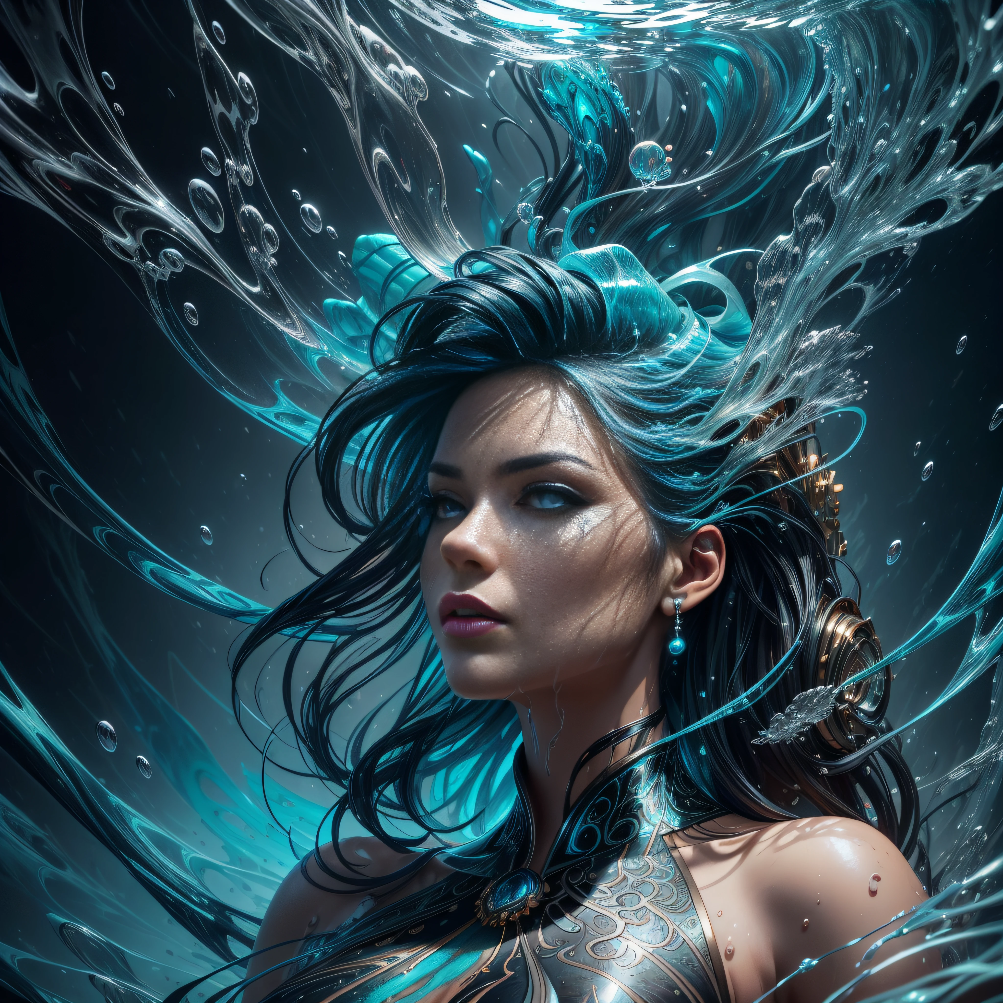 modelshoot style, (extremely detailed CG unity 8k wallpaper), Chaotic storm of intricate liquid smoke in the head, stylized beauty full - length abstract portrait, wet-skin, by petros afshar, ross tran, tom whalen, peter mohrbacher, artgerm, shattered glass, ((bubbly underwater scenery)) radiant light octane render highly detailed