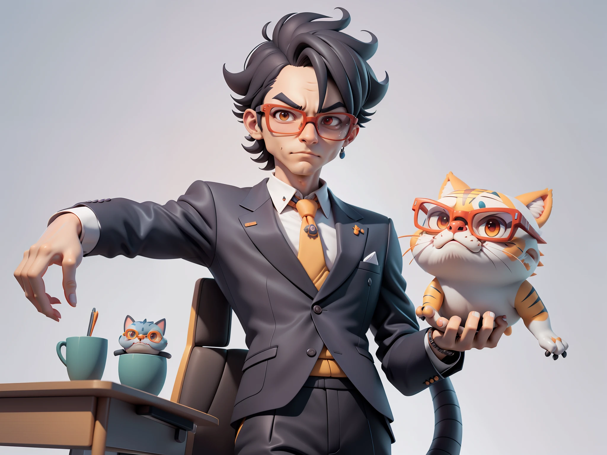 A young man in a suit, Short hair and glasses sat at his desk,holding laptop,digitial painting,tigre,3D character design by Mark Clairen and Pixar and Hayao Miyazaki and Akira Toriyama,4K HD illustration,Very detailed facial features and cartoon-style visuals。