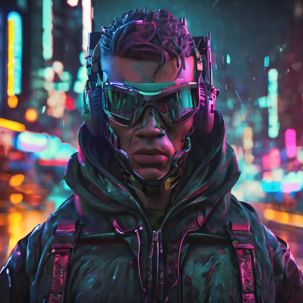 cyber punk perssonage，male people，quadratic element，Detail portrayal，facial，With a gun, big hoodie, looks like he is from the ghetto, cartoonish