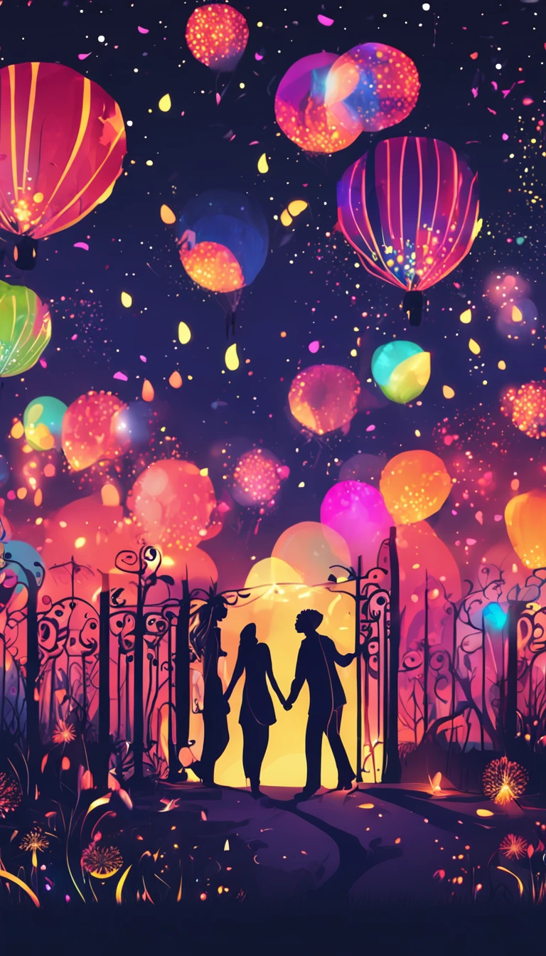the night,Colorful,Fireworks all over the sky,Heart-shaped bubbles,couples,Cartoony,hugging eachother,Glowing fireflies around,illustration,Glow effects,Dingdall effect,depth of fields,high light,Real light,Ray traching,oc rendered,Hyper-realistic,best qualtiy,8K,Works of masters,super-fine,Detailed pubic hair,Correct anatomy,sharp focus on eyes,Bokeh,Facial features are carefully depicted