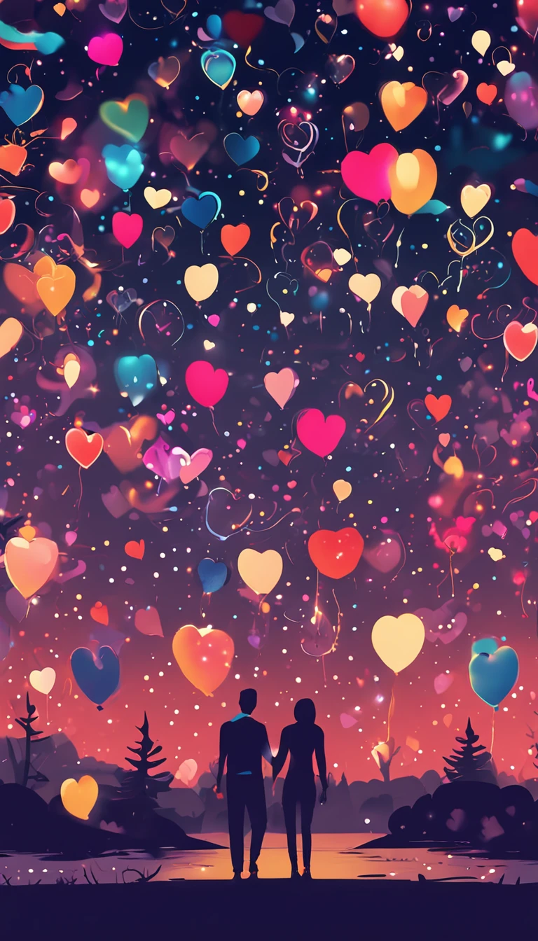 the night,Colorful,Fireworks all over the sky,Heart-shaped bubbles,couples,Cartoony,hugging eachother,Glowing fireflies around,illustration,Glow effects,Dingdall effect,depth of fields,high light,Real light,Ray traching,oc rendered,Hyper-realistic,best qualtiy,8K,Works of masters,super-fine,Detailed pubic hair,Correct anatomy,sharp focus on eyes,Bokeh,Facial features are carefully depicted