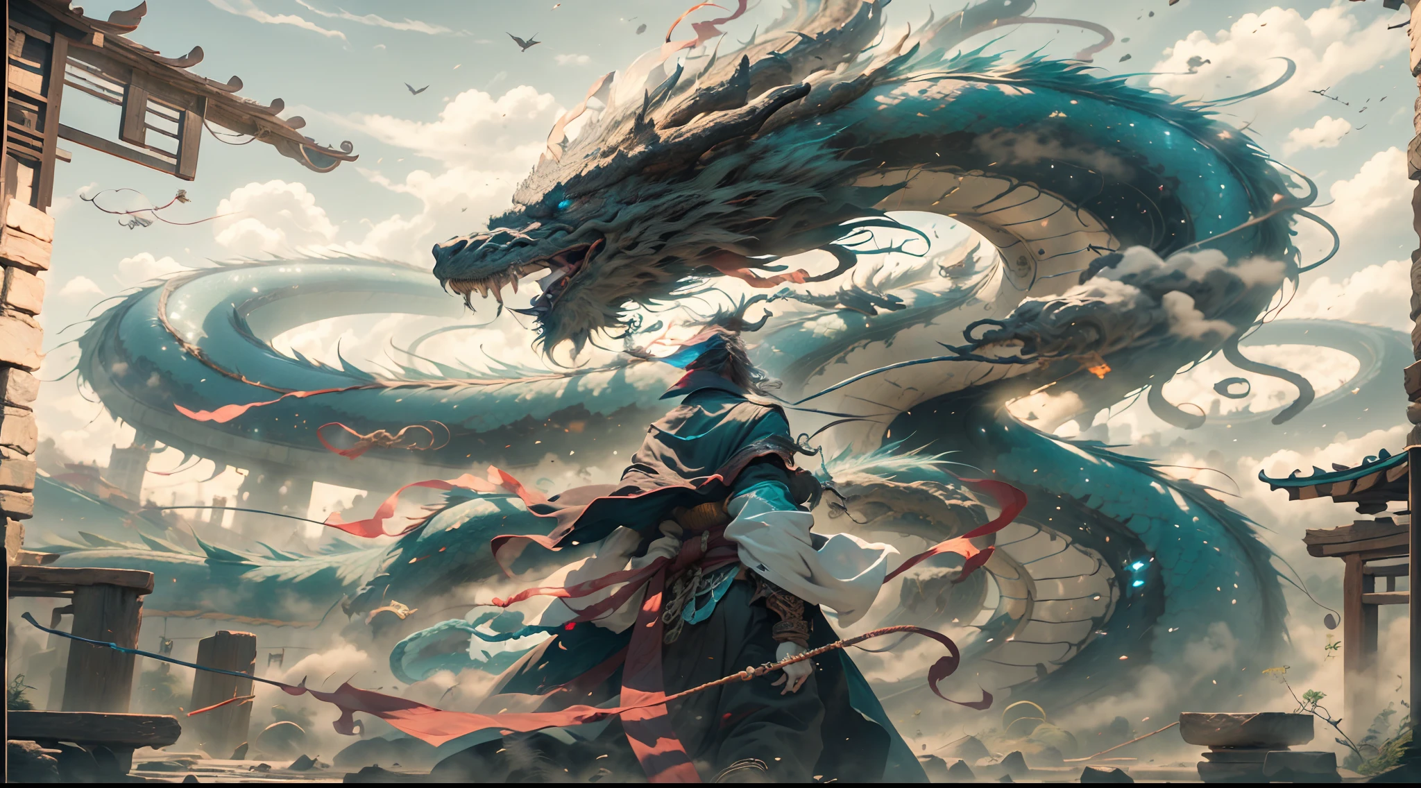 black in color，drak，chinesedragon，Skysky，mostly cloudy sky，​​clouds，mist，rained，downpours，a person，The sword，long sword，holding a longsword，arma，long whitr hair，Long hair，