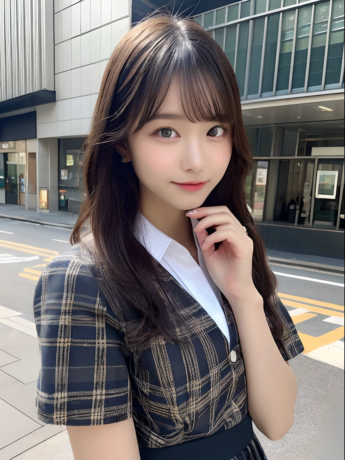 ((top-quality、8K、​masterpiece：1.3))、foco nítido：1.2、Beautiful schoolgirl in perfect style：1.4、A slender、((A dark-haired、tits out：1.2))、gravure model、(natural soft light、street snap、TOKYOcty、Harajuku:1.1)、Highly detailed facial and skin texture、A detailed eye、二重まぶた、Sweaty、A sexy、((Uniform 1.5))、jk suit plaid skirt pleated skirt shirt bowtie