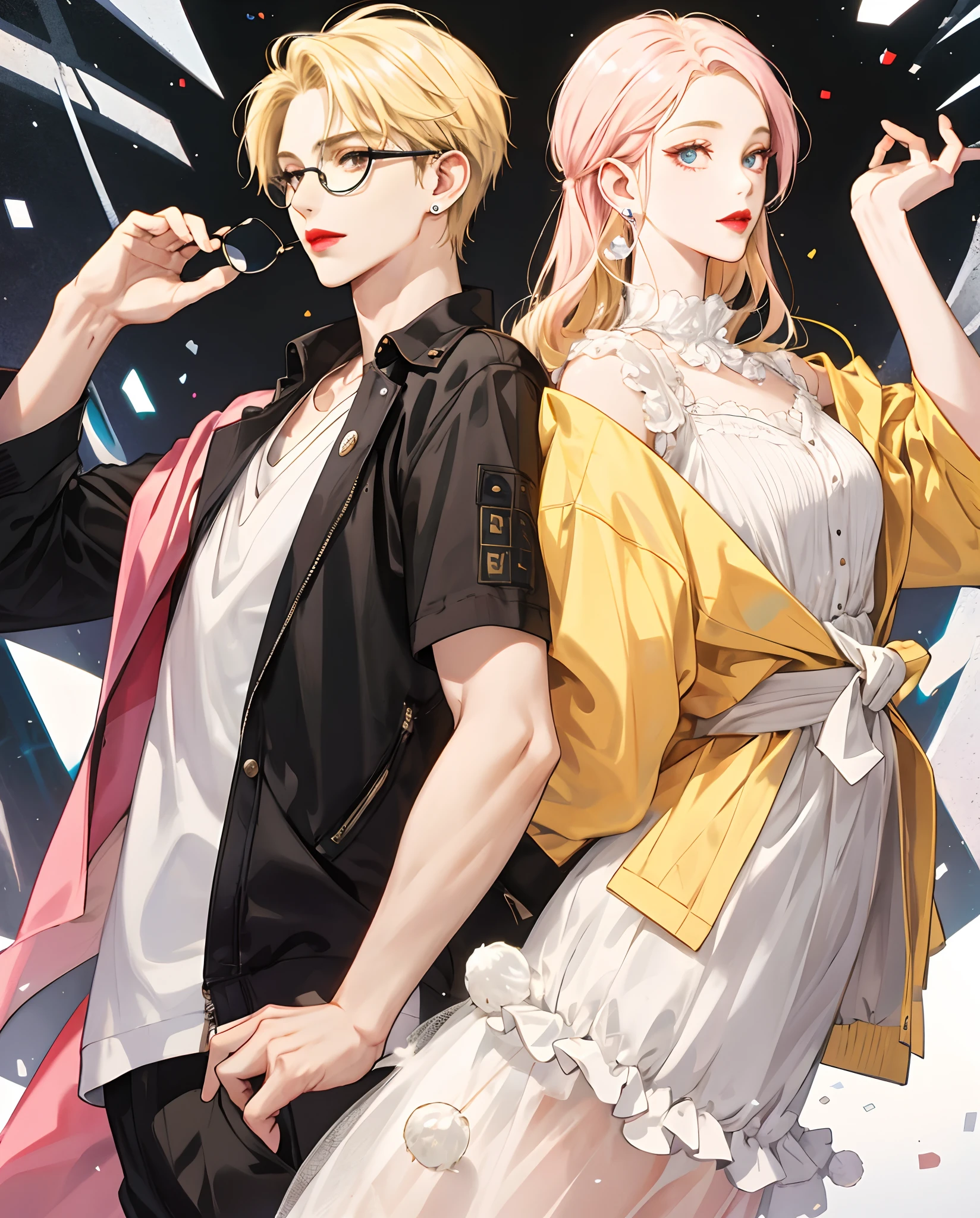 blonde girl black lensless glasses day manga white pearl earrings american pink lipstick