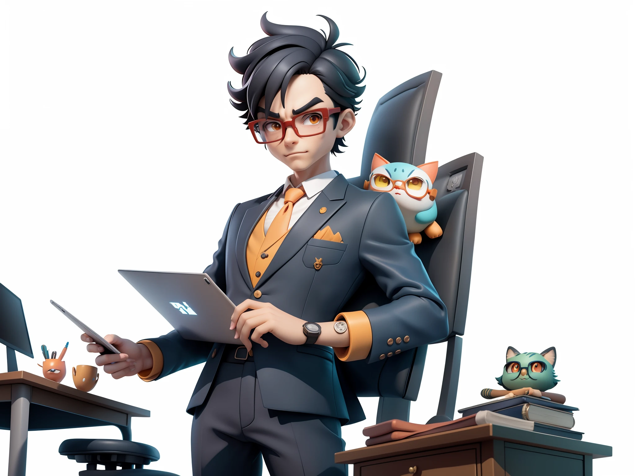 A young man in a suit, Short hair and glasses sat at his desk，holding laptop，digitial painting，tigre，3D character design by Mark Clairen and Pixar and Hayao Miyazaki and Akira Toriyama，4K HD illustration，Very detailed facial features and cartoon-style visuals。