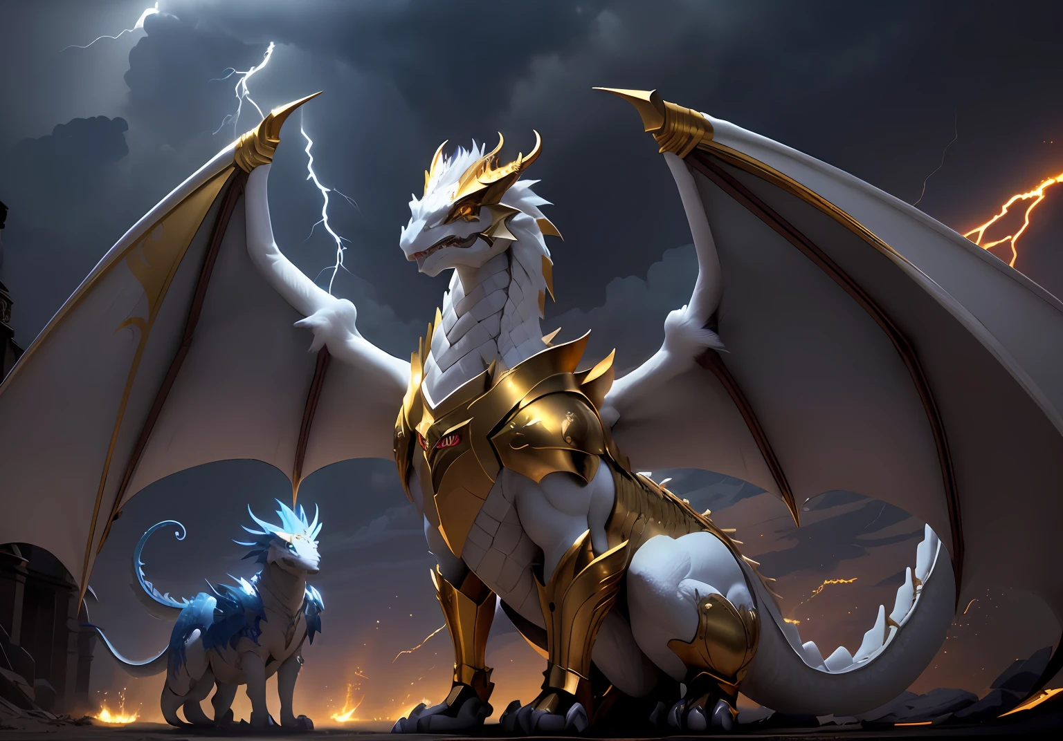 1White dragon add lightning in mouth add golden armor add large wings, dourado. boca fechada, dentes afiados, Two paws on the ground, adcionar asa esquerda, not looking like people's bodies, Golden helmet on head, dragon's head, blue lightnings, relampagos azuis.
