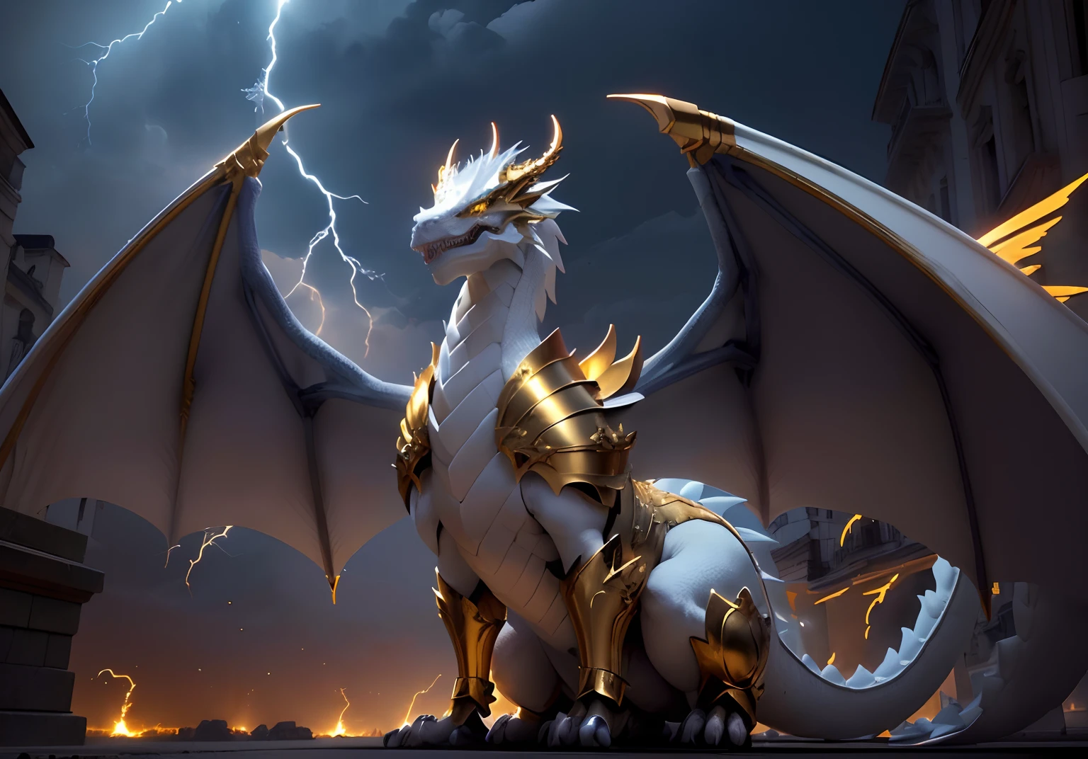 1White dragon add lightning in mouth add golden armor add large wings, dourado. boca fechada, dentes afiados, Two paws on the ground, adcionar asa esquerda, not looking like people's bodies, Golden helmet on head, dragon's head, blue lightnings, relampagos azuis.