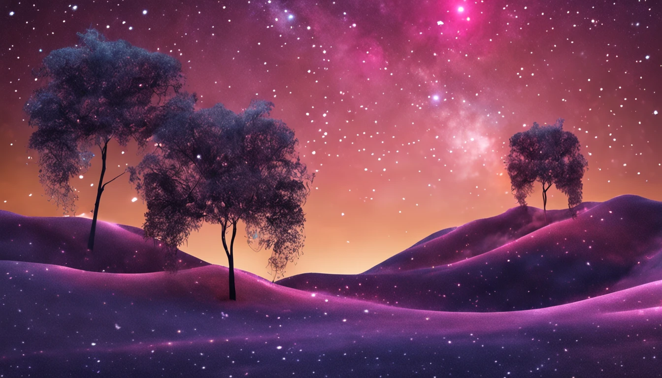 Paisaje Estelar Danzante: Design a starry nightscape in which the stars appear to be dancing around the moon. Create a magical and ethereal atmosphere.