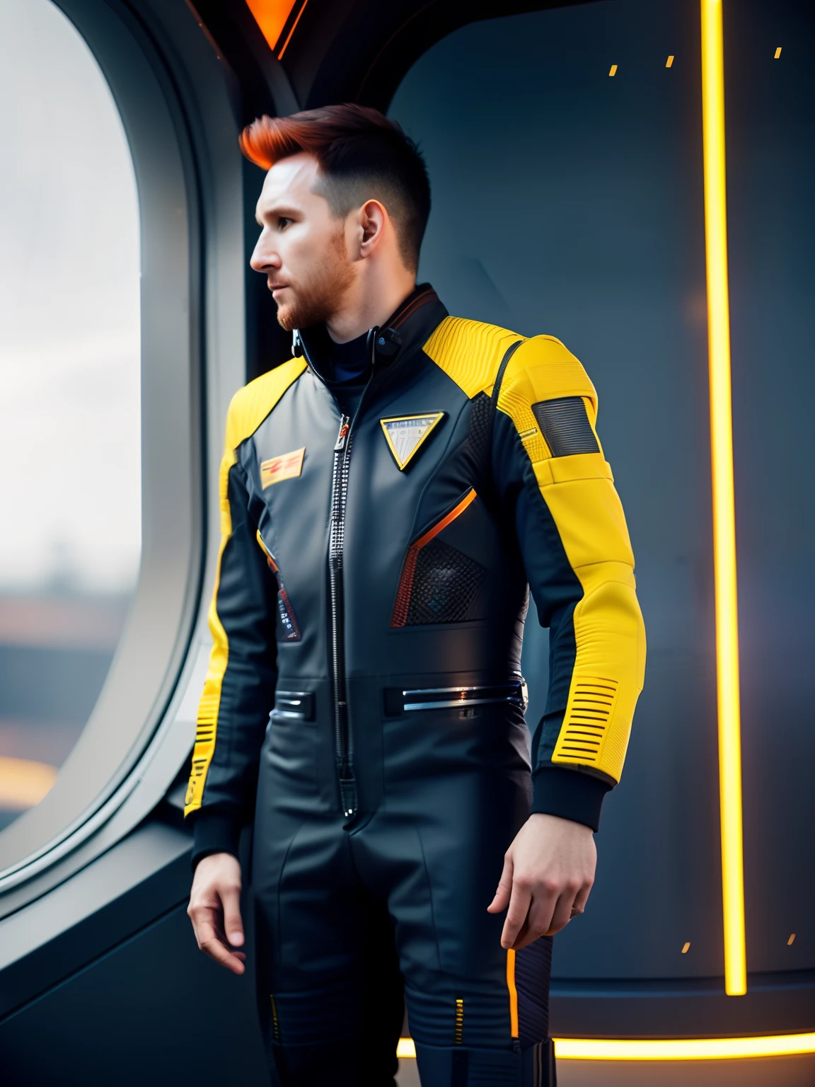 messi,An award-winning photo of a man,Black flight suit with yellow accents,brown hair,(Gray eye:1.35),Square chin,asymmetric face,Stand in front of the window of the spaceship,80mm,Background bokeh,Mass effect, deactivated, fking_cinema_v2
