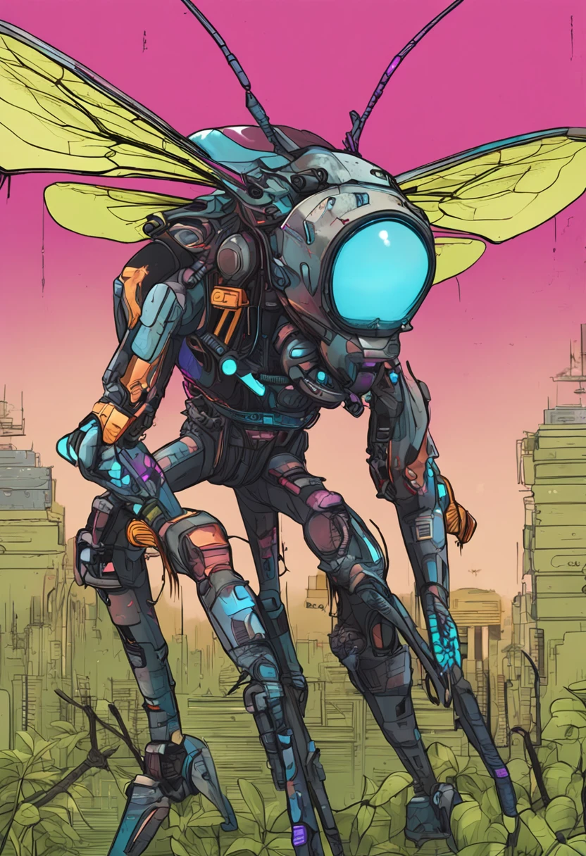 A cyberpunk-style multi-raymon,Wearing a bamboo dragonfly,Fly in the sky