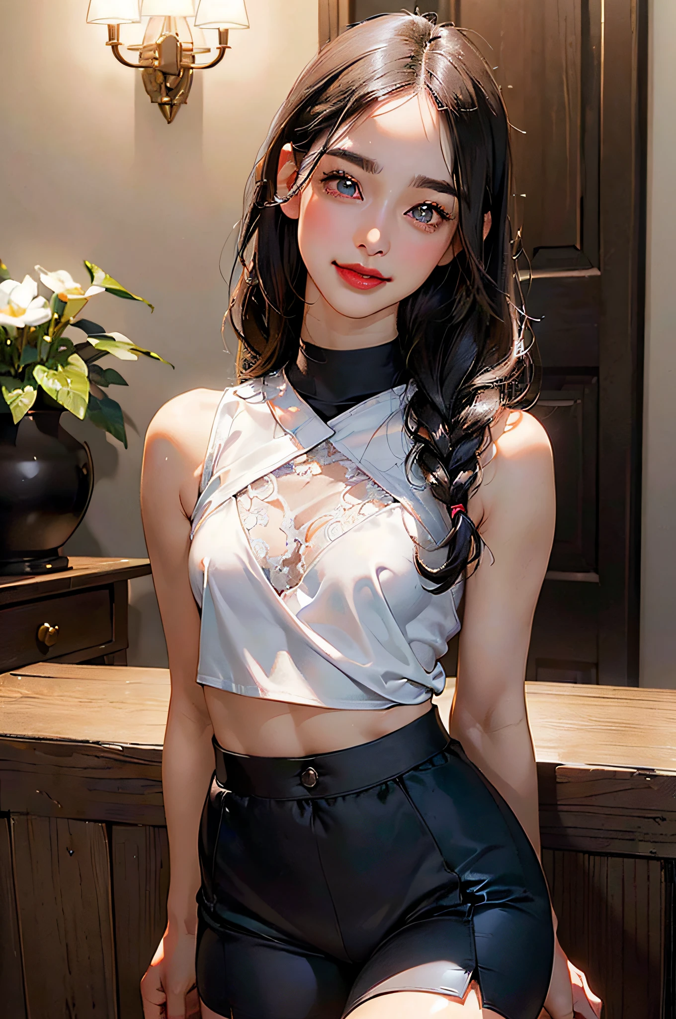 (Excellent photo of a beautiful Japanese Lady),
((highly detailed, best quality)),(photorealistic:1.2),8k,(high resolution),(depth of field:1.2),(character focus),perfect anatomy
(1girl),(26yo),
((cowboy shot)),looking at viewer,
((beautiful detailed eyes)),(narrow face:1.2),(thick eyebrows),(falling eyebrows),(tareme:1.2),(blue eyeshadow),big eyes,
(smiling),blush,(super detailed skin),
(parted lips:1.1),(plump lips:1.2),(glossy lips),(lipstick)
braid,(black medium hair),(pulled back hair),((wide forehead)),
(ideal ratio body proportions:1.3),(tall body:1.2).
(flat chest:1.35), (nipples visible through clothes),(muscular girl:1.1)
(short pants:1.2),sleeveless,(midriff top),(crotch bulge),((stocking))
floral background