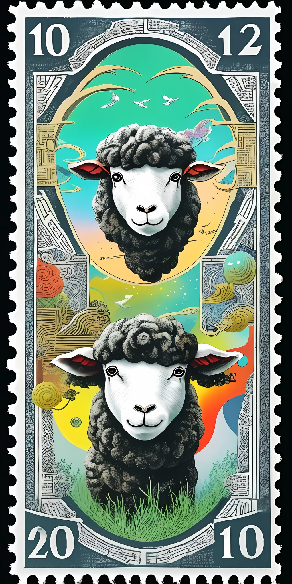 A Vietnamese stamp depicts a sheep, Psychedelic surrealist style, Qing dynasty, photo taken with ektachrome, Indigo and green, Japanese folk art, Bamileek Art, Otherworldly creatures