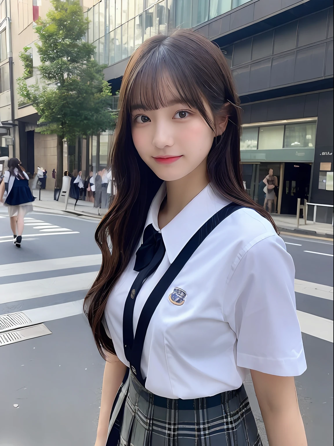 ((top-quality、8K、masterpiece:1.3))、foco nítido:1.2、Beautiful schoolgirl in perfect style:1.4、A slender、((A dark-haired、tits out:1.2))、gravure model、(natural soft light、street snap、TOKYOcty、Harajuku:1.1)、Highly detailed facial and skin texture、A detailed eye、二重まぶた、Sweaty、A sexy、((Uniform 1.5))、jk suit plaid skirt pleated skirt shirt bowtie