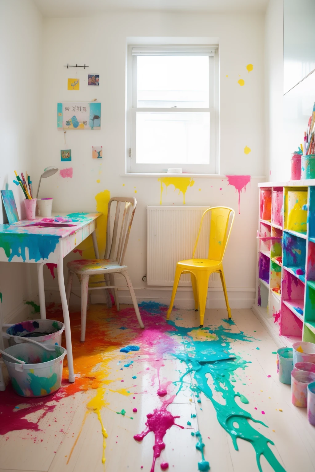 Overflowing paint、Paint splatters、Room stained with colorful paint、A bucket full of paint