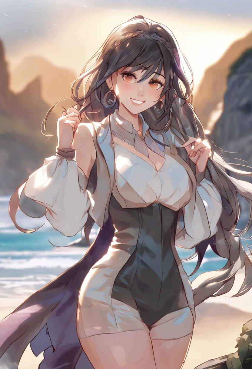 (:1.8),(yelan \(genshin impact\):1.86),1girl,armpits,bangs,black_hair,blunt_bangs,blurry_background,braid,breasts,depth_of_field,earrings,fur_trim,jacket,large_breasts,looking_at_viewer,ocean,outdoors,(short_hair:1.5),smile,(green_eyes:1.4),(she wore a white overcoat over her shoulders:1.4),((originale xtremely detailed 8K wallpaper))((ultra high res, 8K, RAW photo, best quality,masterpiece:1.47746,realistic:1.4,photo-realistic:1.4,cinematiclighting:1,intricate details:1,raw photo:1,extremely beautiful detailed
))(((ultra-detailed:1.47746))),professional lighting,((physically-based rendering:1)), ((ruddy skin:1,shiny skin,sweat))lens flare,ray tracing ,(extremely detailed face, extremely detailed eyes,expressive hair:1.5,shiny hair;1)cinematic lighting,(vivid expression) (body muscle:1) solo(1girl:1.5)((smiling:1)),(plump figure:1,blance body:1)(realistic hand,realistic clothes,background detailed),(gradient eyes:1,gradient hair:1.5),(gradient eyes:1,gradient hair:1.5) (balancing:1,bent over:1.4)