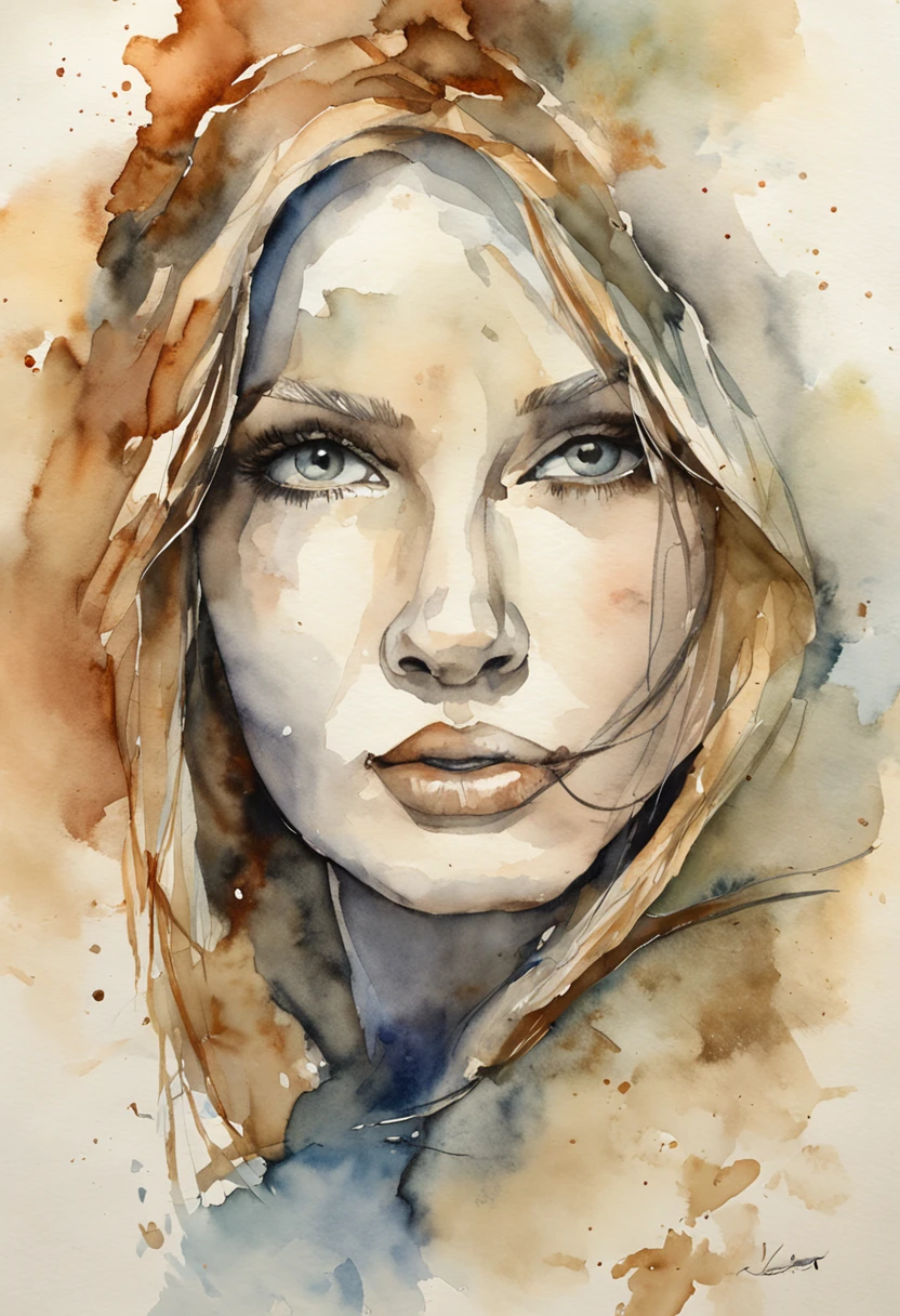 An enlarged view of a woman's face, In Farben eingefangen , Ihre Augen blicken den Betrachter mit einem intensiven Ausdruck direkt an, Her features were marked by a sense of mystery and attraction, umgeben von Nebelschwaden, Add an ethereal touch, Bildhauerei, aus Marmor geschnitzt