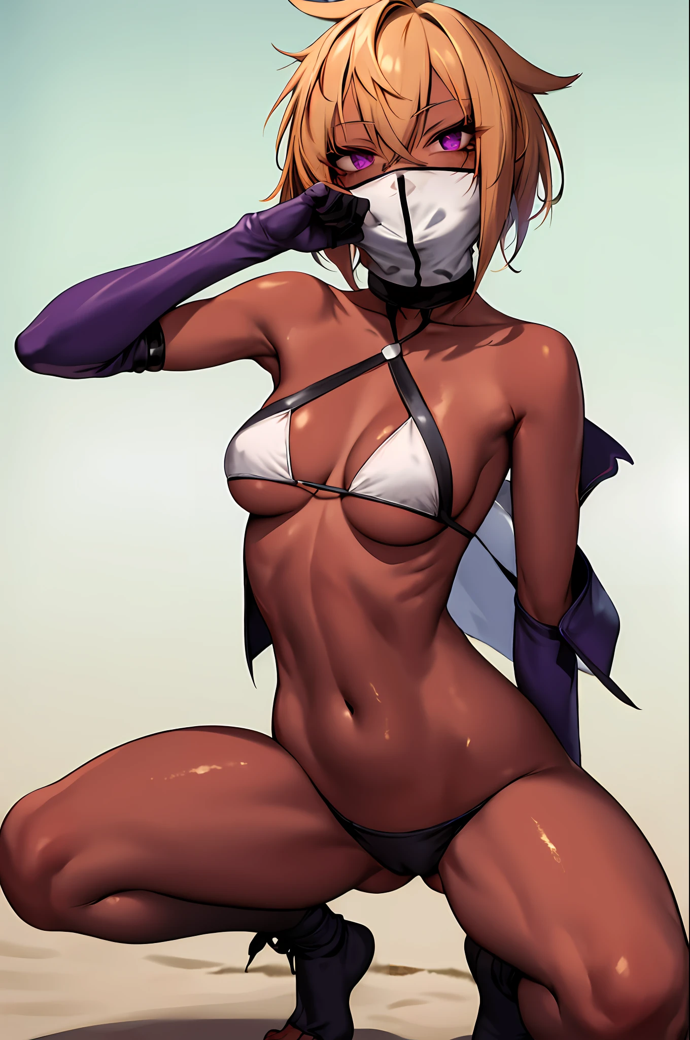 th1, high collar, covered mouth, underboob, revealing clothes, gloves, breasts tattoo, masterpiece, best quality, highres, 1girl, solo, fang, skin fang, short hair, (mole on thigh:0.8), bangs, hair behind ear, purple eyes, hair ornament, open mouth, beach, smile, squatting, small chest, short height, , flat chest, small, cleavage, ((bare shoulder)), exposed, loose shirt, navel, presenting armpit